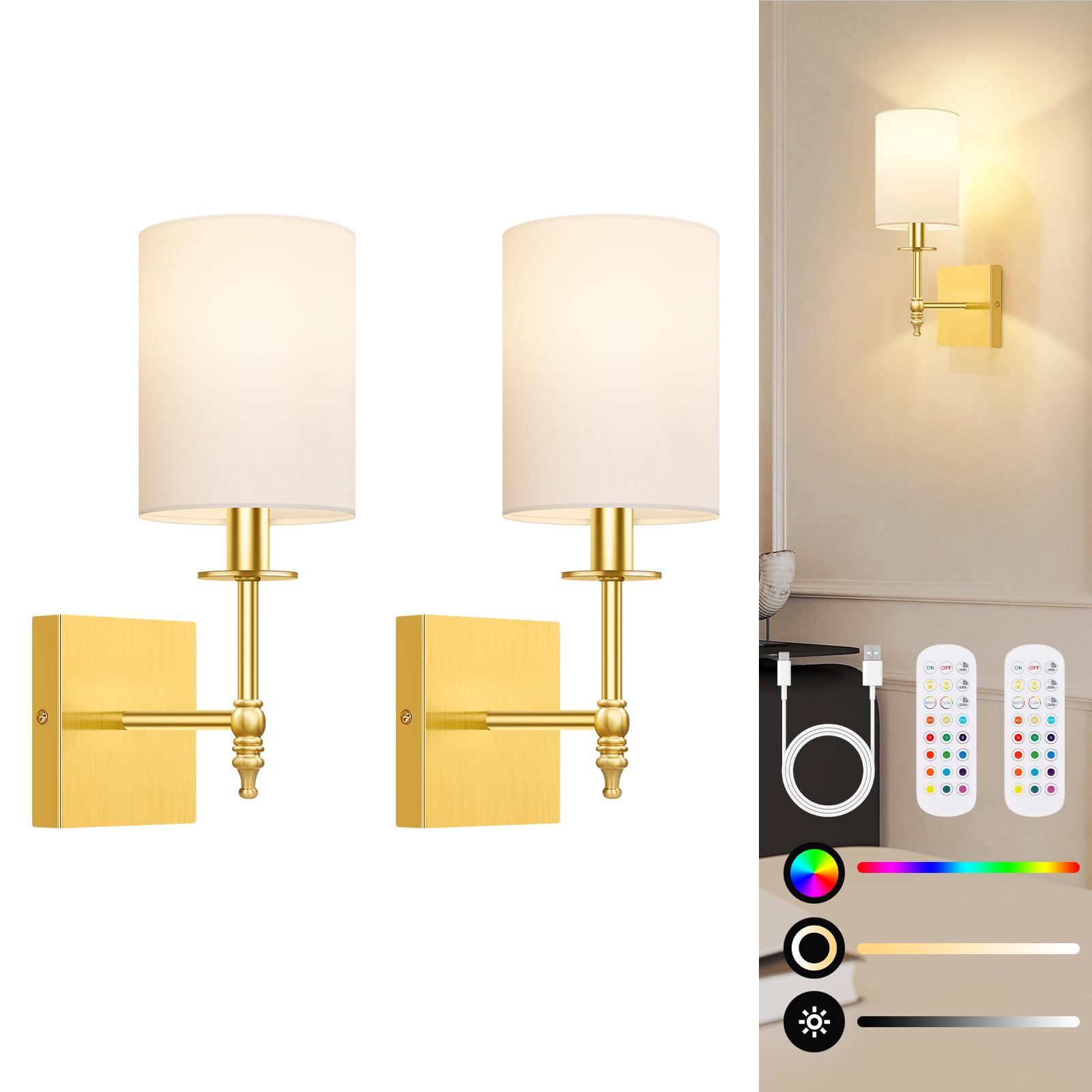 24.8 Inch Black Battery Operated Wall Sconces Set of 2, Rechargeable Wireless Wall Lights with Remote & White Fabric Shade, Indoor Not Hardwired Dimmable Wall Lamps for Bedroom, 2 Bulbs Included