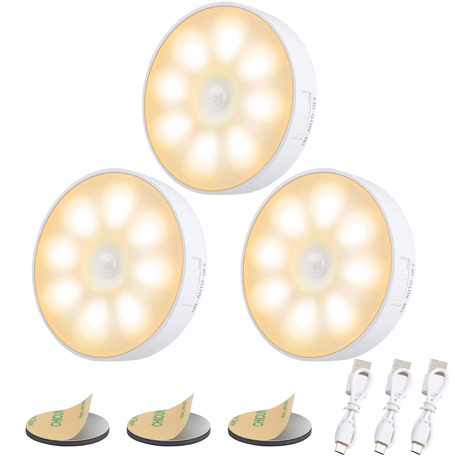 Upgraded Motion Sensor Light, 8 LEDs, 3 Pack Rechargeable, 120 Detection, 3 Modes - Closet, Bedroom, Stair, Hallway Light - 6000K Cold White