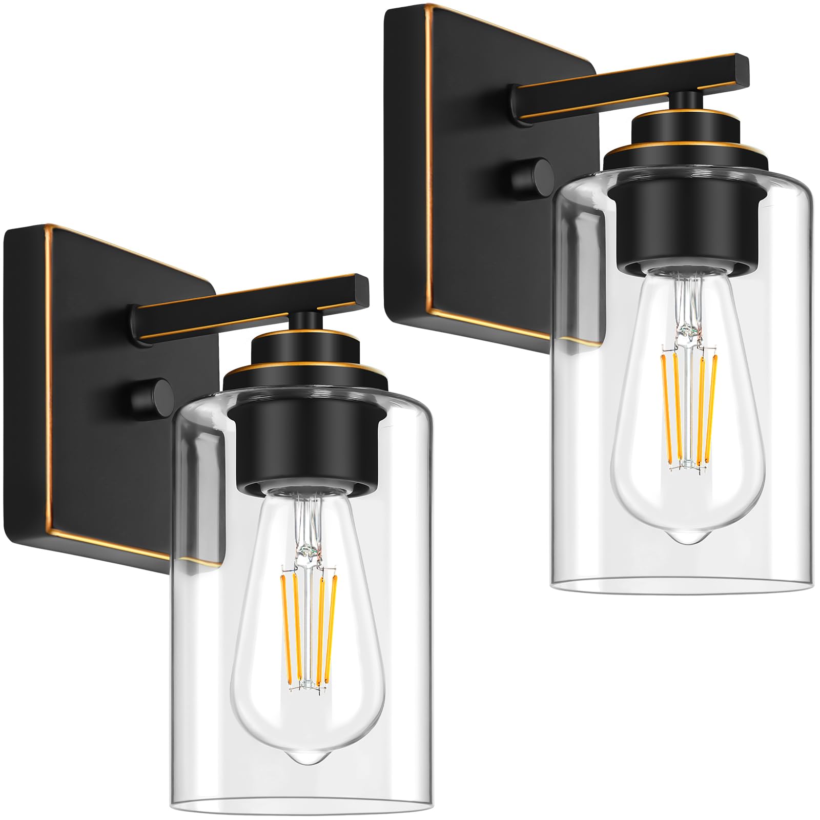 Set of 2 Wall Sconces for Bathroom, Modern Vanity Light Fixtures, Matte Black Wall Mount Lighting Lanterns, Farmhouse Wall Lights with Clear Glass Shade for Bedroom Living Room Mirror Hallway Kitchen