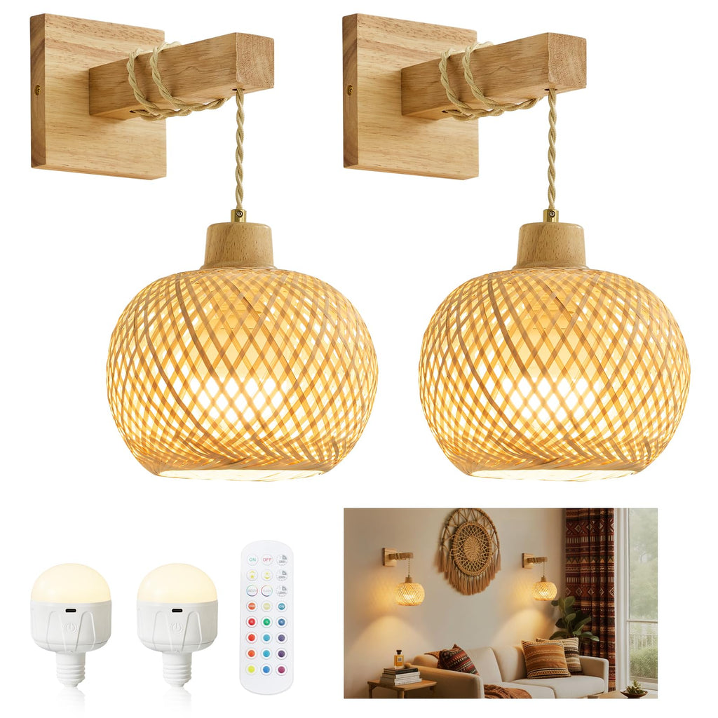 Vitnucrol Battery Operated Wall Sconces Set of 2 with Remote, Rechargeable Boho Rattan Battery Powered Wall Lights/Lamps, Wireless Lighting Fixtures for Bedroom Farmhouse, 15 Colors Dimmable, Gold