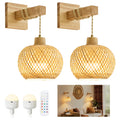 Vitnucrol Battery Operated Wall Sconces Set of 2 with Remote, Rechargeable Boho Rattan Battery Powered Wall Lights/Lamps, Wireless Lighting Fixtures for Bedroom Farmhouse, 15 Colors Dimmable, Gold