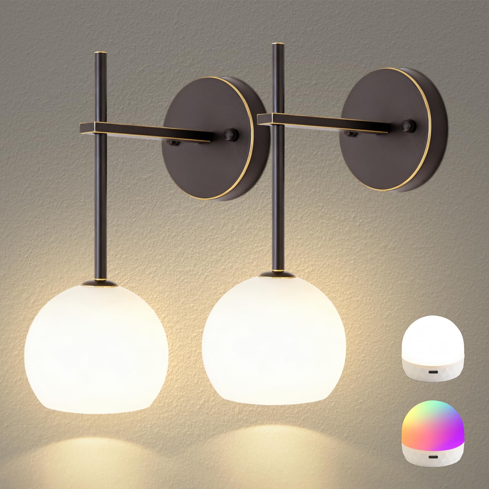 Gold Battery Operated Wall Sconces Set of 2, Rechargeable Wireless Wall Lights with Milky White Frosted Glass Shade, 12 RGB and 3CCT Dimmable, Wall Lamps with Remote for Bedroom Living Room Hallway
