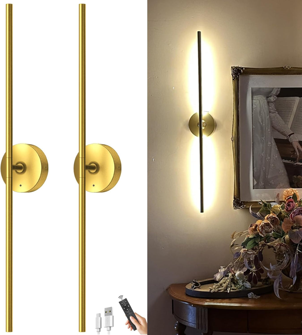 Battery Operated Wall Sconce Set of Two: Gold Wireless Rechargeable Wall Light with 10000mAh Detachable Battery and Remote, 360° Rotatable Scone Wall Decor for Bedroom Hallway Bathroom, 31.5inch