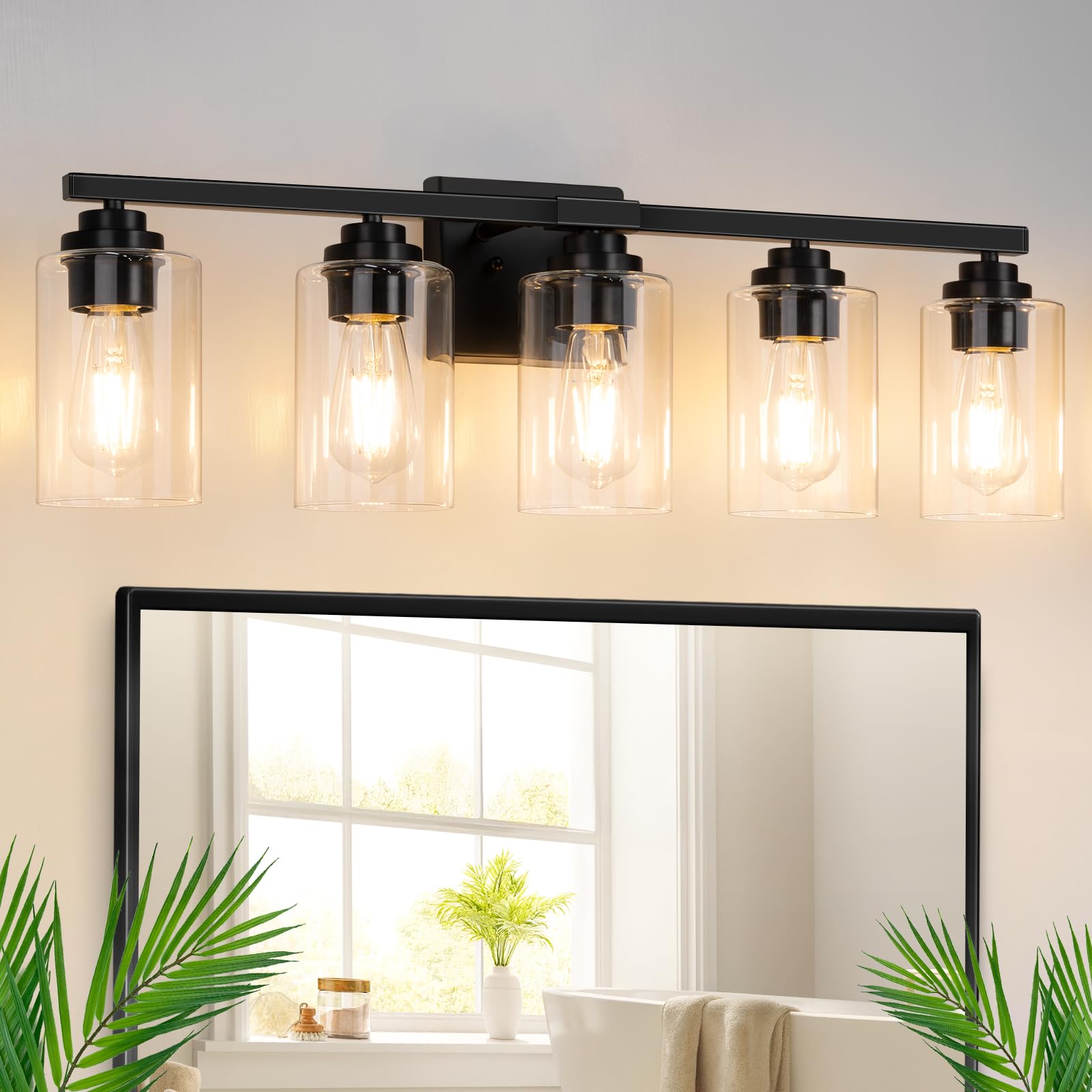 Set of 2 Wall Sconces for Bathroom, Modern Vanity Light Fixtures, Matte Black Wall Mount Lighting Lanterns, Farmhouse Wall Lights with Clear Glass Shade for Bedroom Living Room Mirror Hallway Kitchen