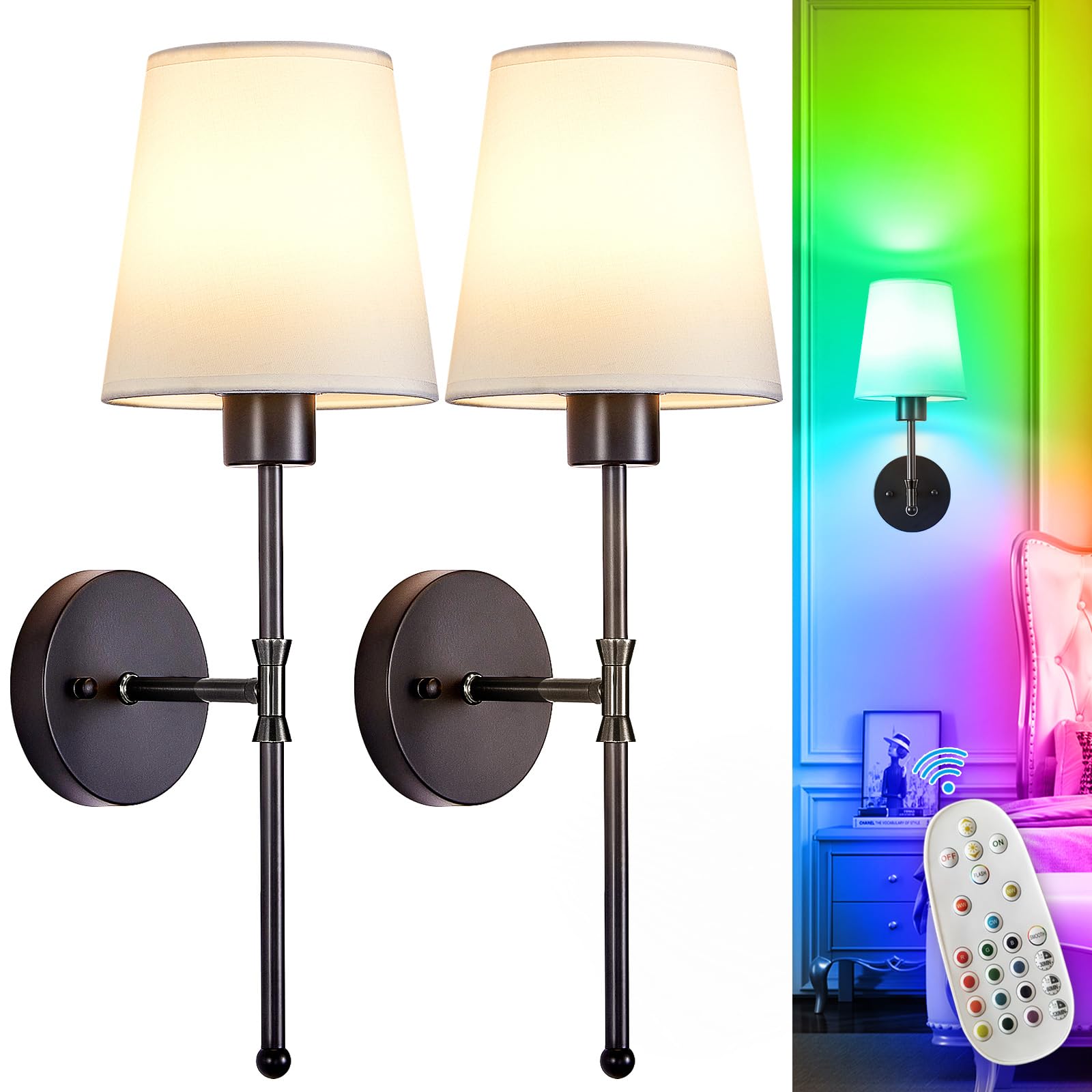 Depuley Battery Operated Wall Sconce: Set of 2 Wireless Wall Lights with 10000mAh Dimmable Bulbs and Remote for Bedroom - Rechargeable 15 Colors Gold Wall Lamp for Living Room Hallway