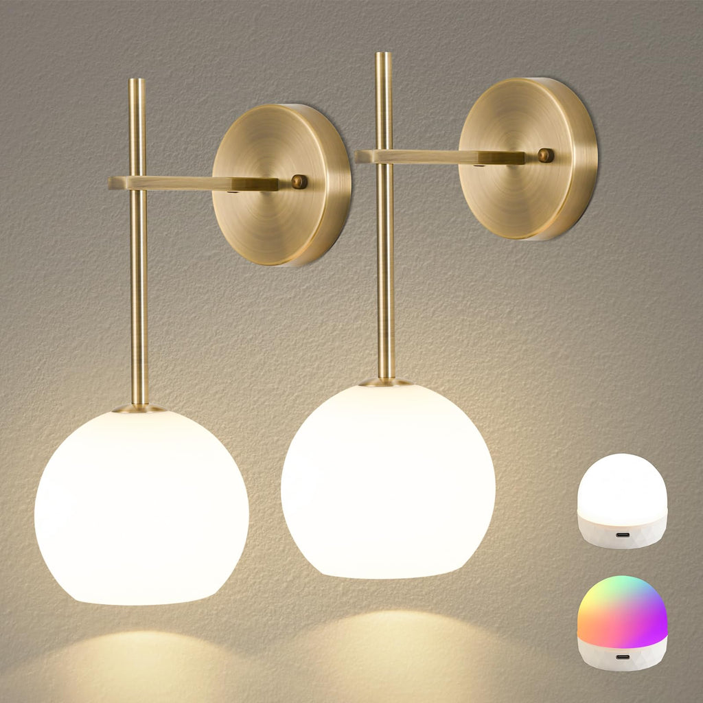 Gold Battery Operated Wall Sconces Set of 2, Rechargeable Wireless Wall Lights with Milky White Frosted Glass Shade, 12 RGB and 3CCT Dimmable, Wall Lamps with Remote for Bedroom Living Room Hallway