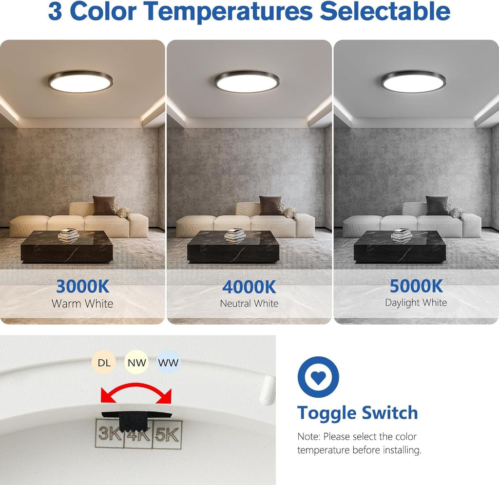 6 Pack 12 Inch Slim Dimmable LED Flush Mount Ceiling Light Fixtures, 24W 2640LM 3000K/4000K/5000K, House Upgrade Led Lights for Bedroom Hallway Laundry Room Rental Units, 240W Equiv., Black