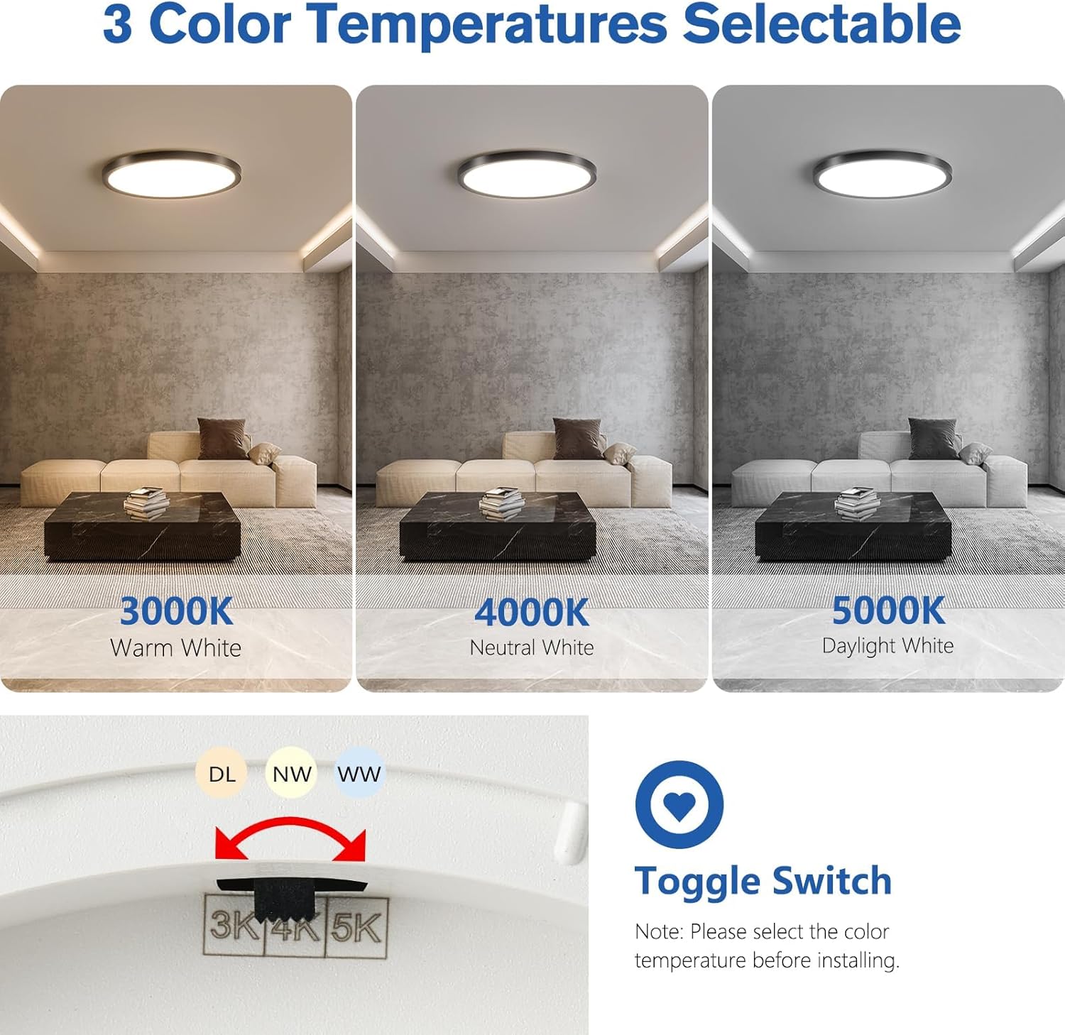 6 Pack 12 Inch Slim Dimmable LED Flush Mount Ceiling Light Fixtures, 24W 2640LM 3000K/4000K/5000K, House Upgrade Led Lights for Bedroom Hallway Laundry Room Rental Units, 240W Equiv., Black