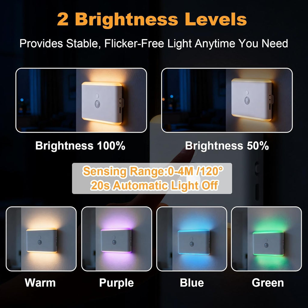 Motion Sensor Night Light 2-Pack, Cruise Approved Rechargeable Magnetic LED Nightlight, Warm & RGB Soft Dimmable, Wireless USB Auto Sensor Lights for Indoor Bedroom, Bathroom, Hallway, Stairs