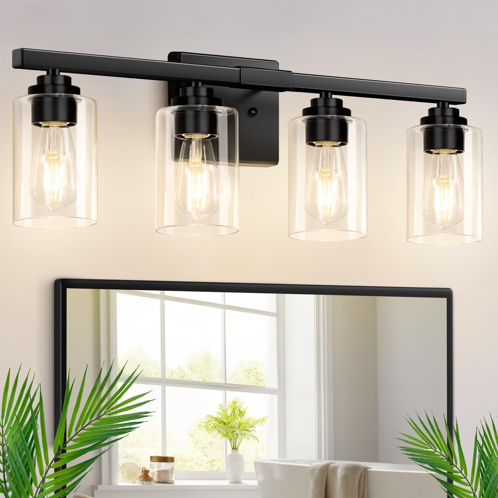 Set of 2 Wall Sconces for Bathroom, Modern Vanity Light Fixtures, Matte Black Wall Mount Lighting Lanterns, Farmhouse Wall Lights with Clear Glass Shade for Bedroom Living Room Mirror Hallway Kitchen