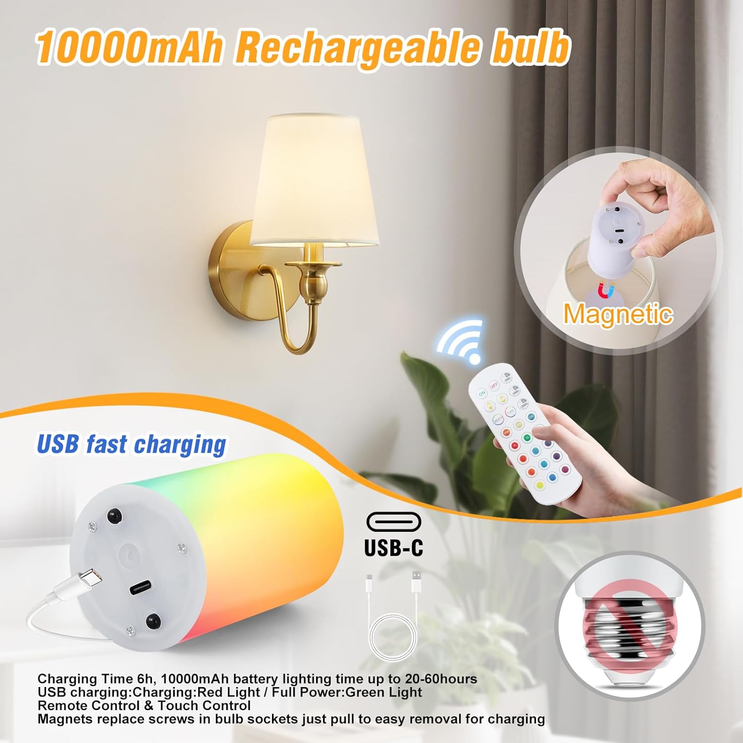 Battery Operated Wall Sconces set of Two,Wireless Wall Sconces with 10000mAh Dimmable Bulb and Remote,LED 15 Colors Rechargeable Gold Wall Sconce with Fabric for Bedroom Living Room Hallway Wall Decor