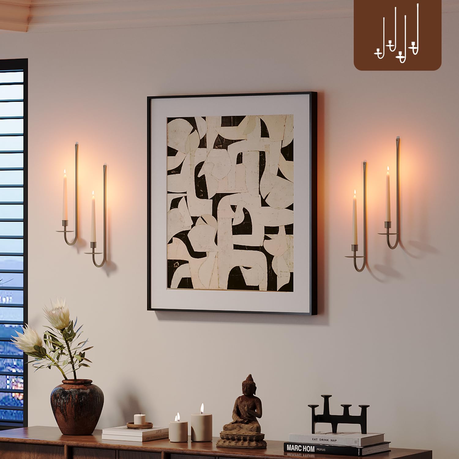 Metal Wall Candle Sconce Holder Set of 2 Wall Mount Candle Holder Pillar Holder Brass Modern Wall Candle Sconces Hanging for Living Room Farmhouse Fireplace Wedding