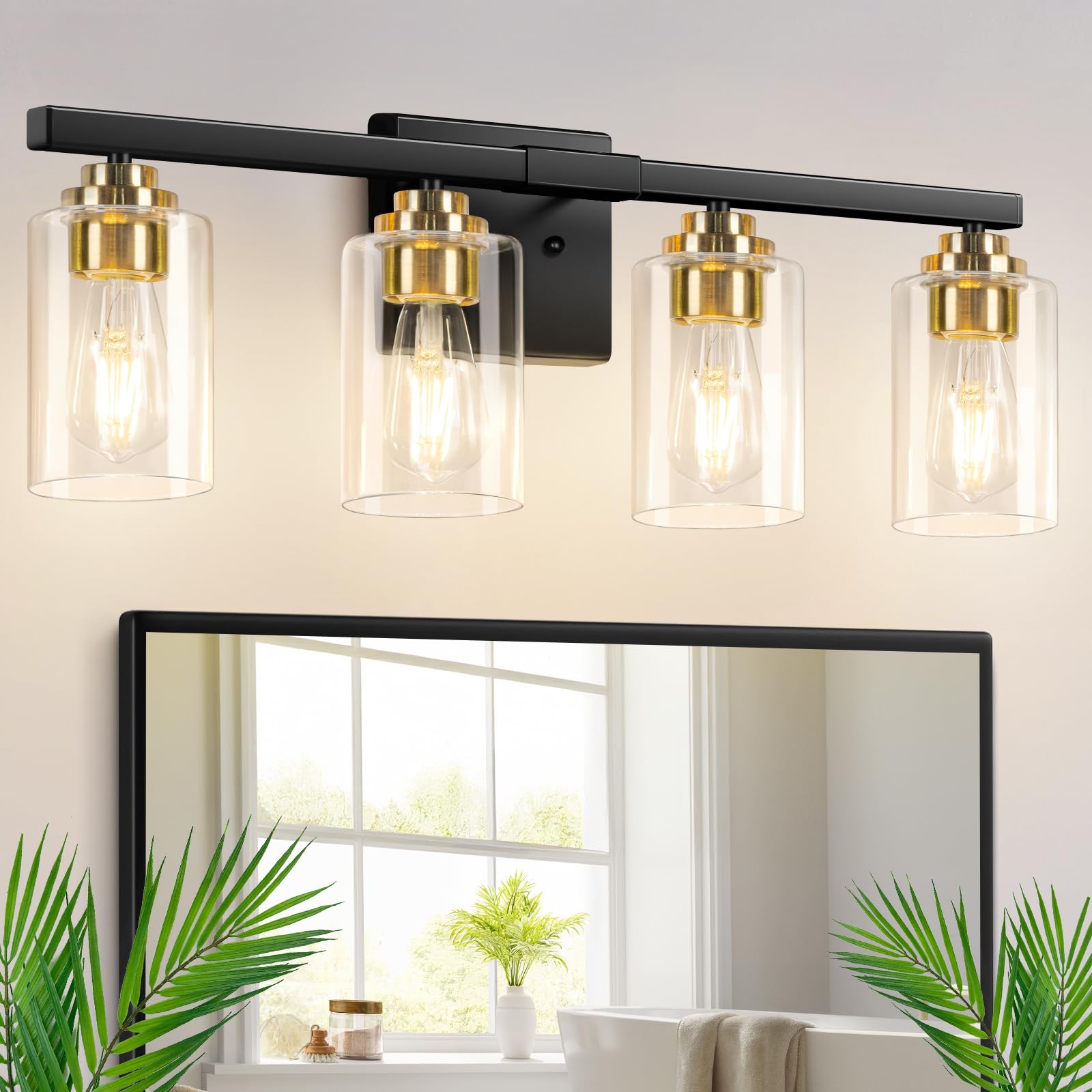 Set of 2 Wall Sconces for Bathroom, Modern Vanity Light Fixtures, Matte Black Wall Mount Lighting Lanterns, Farmhouse Wall Lights with Clear Glass Shade for Bedroom Living Room Mirror Hallway Kitchen