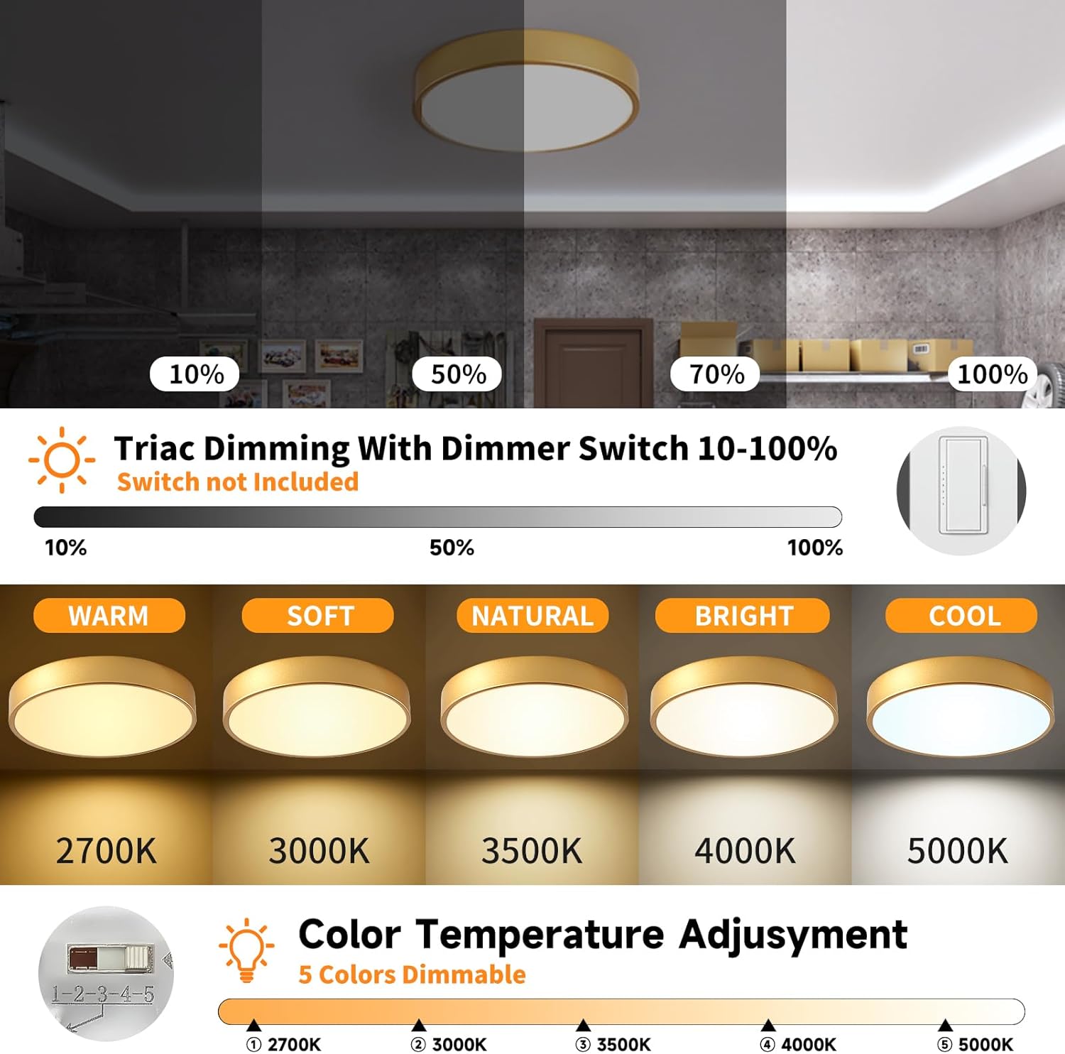 Flush Mount Ceiling Light Gold 12 Inch LED Dimmable Ceiling Light 24W 5CCT(2700K-5000K) Bedroom Lamp Entryway for Bedroom Foyer Kitchen Entryway Closet Hallway