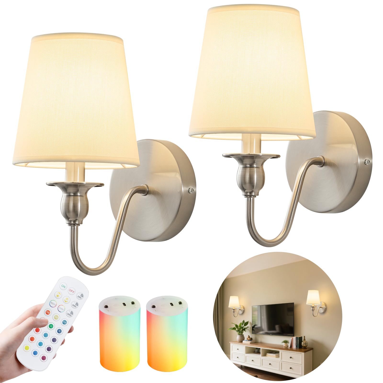 Battery Operated Wall Sconces set of Two,Wireless Wall Sconces with 10000mAh Dimmable Bulb and Remote,LED 15 Colors Rechargeable Gold Wall Sconce with Fabric for Bedroom Living Room Hallway Wall Decor