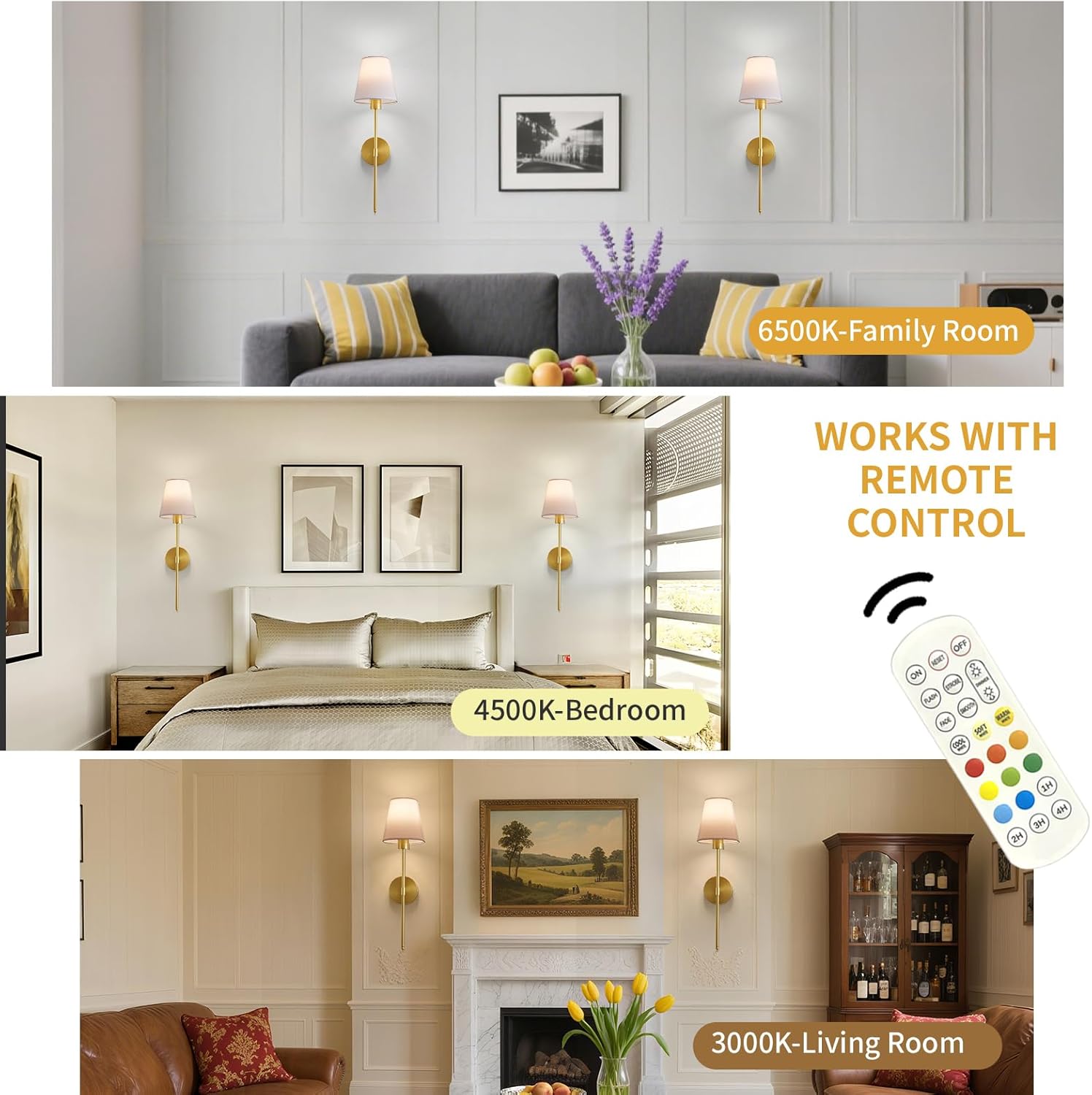 Battery Operated Wall Sconce Set of 2, Gold Rechargeable Wireless Wall Lights with Remote - 5000mAh Dimmable RGB Bulbs | 15 Color, Cordless Wall Lamps for Bedroom, Living Room, Hallway Decor