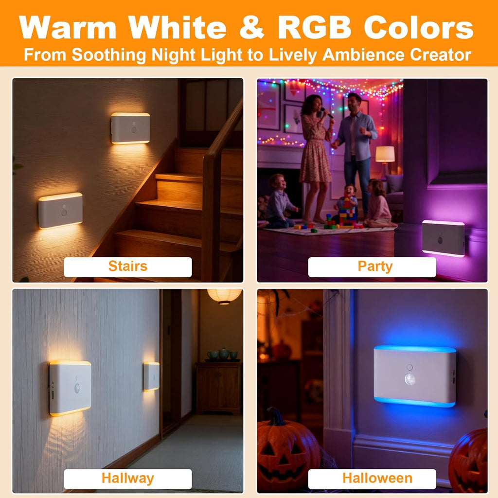 Motion Sensor Night Light 2-Pack, Cruise Approved Rechargeable Magnetic LED Nightlight, Warm & RGB Soft Dimmable, Wireless USB Auto Sensor Lights for Indoor Bedroom, Bathroom, Hallway, Stairs