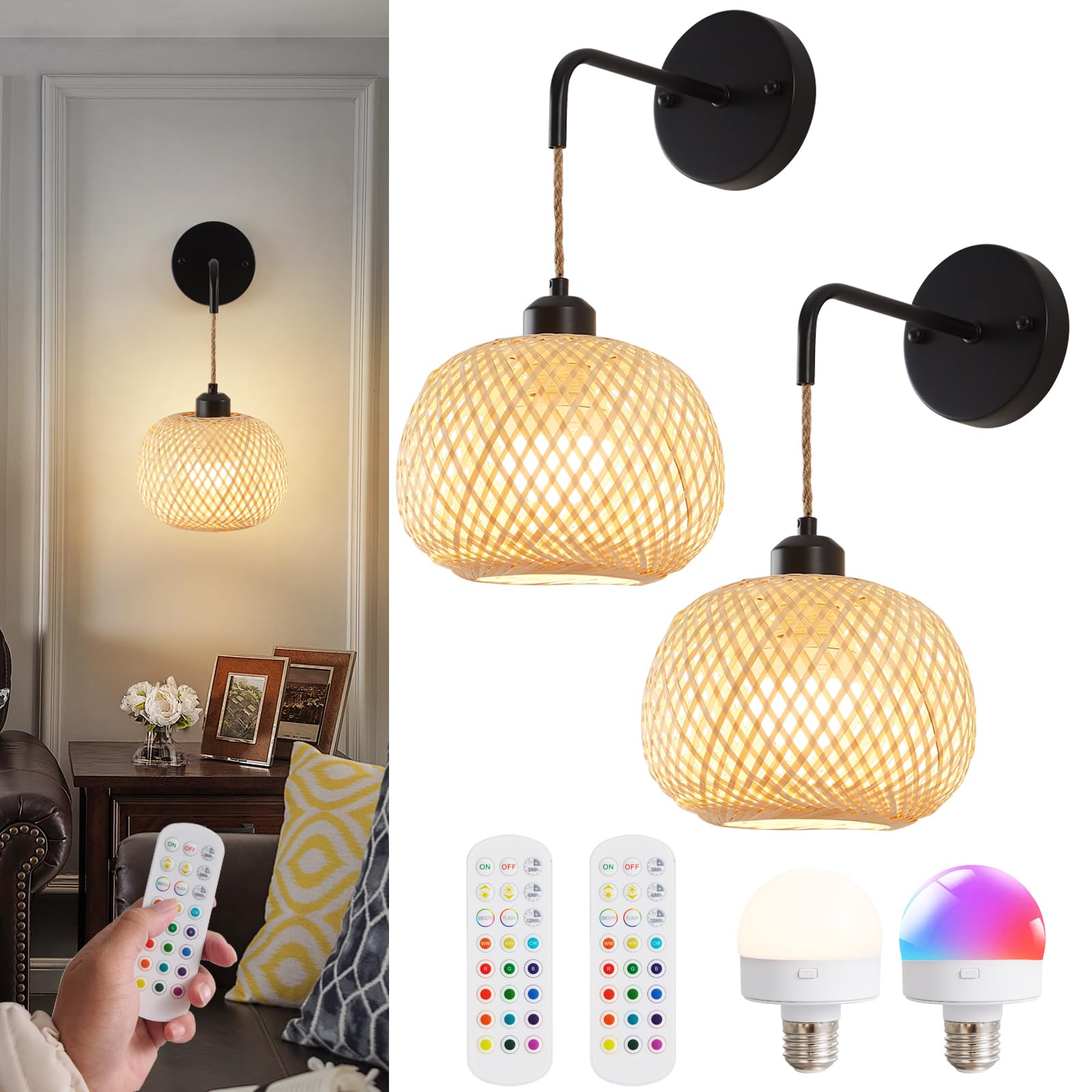 Vitnucrol Battery Operated Wall Sconces Set of 2 with Remote, Rechargeable Boho Rattan Battery Powered Wall Lights/Lamps, Wireless Lighting Fixtures for Bedroom Farmhouse, 15 Colors Dimmable, Gold