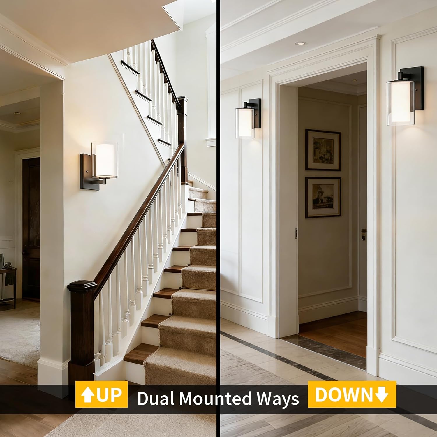 Kalium Wall Sconces Set of Two, Modern Vanity Lights with Double Clear Glass Shade Matte Black Indoor Farmhouse Wall Lights for Bathroom Living Room Bedroom Mirror Hallway Bulb E26 Base (2PCS)