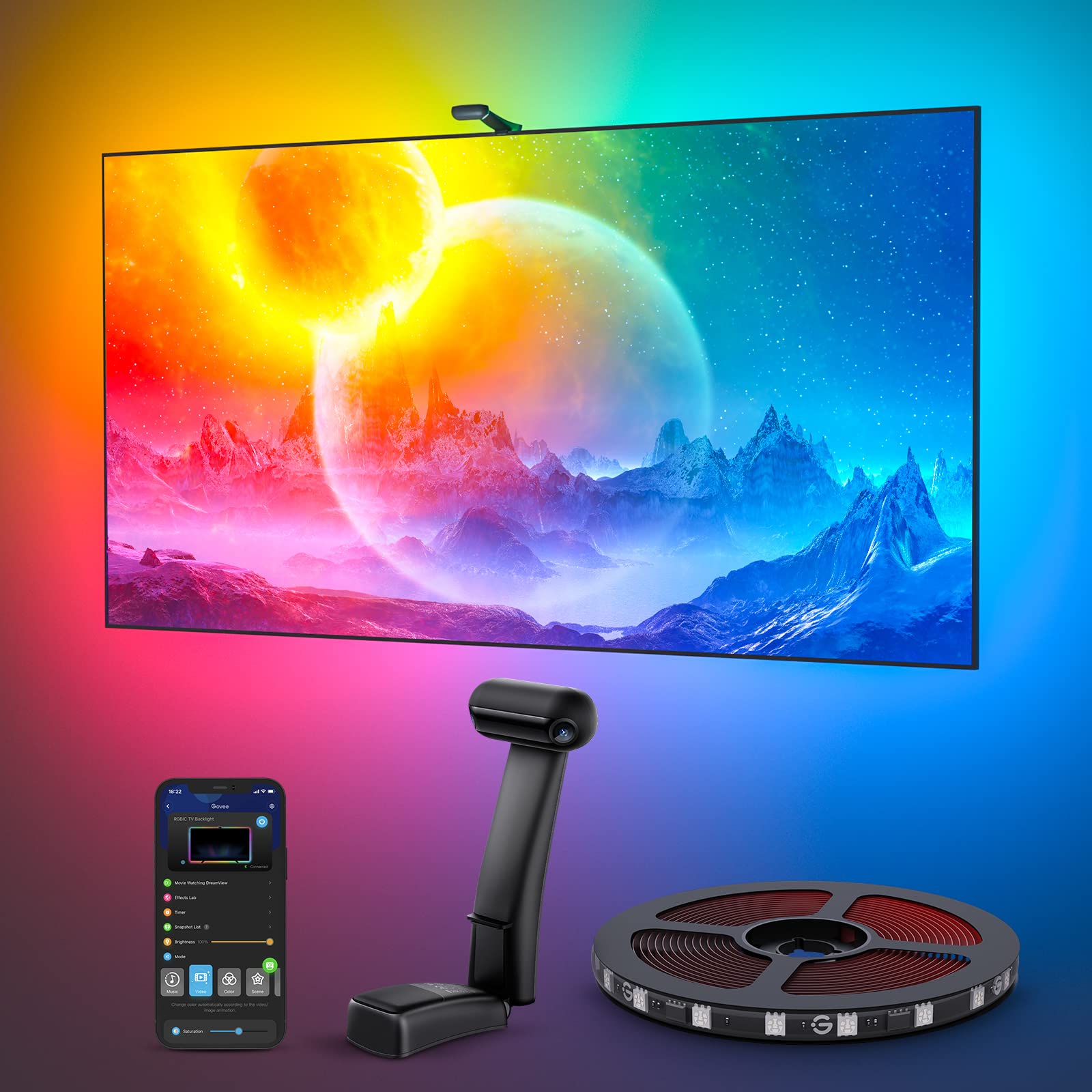 Govee Envisual TV LED Backlight T2 with Dual Cameras, 11.8ft RGBIC Wi-Fi LED Strip Lights for 55-65 inch TVs, Double Strip Light Beads, for Home Decorations, Smart App Control, Music Sync