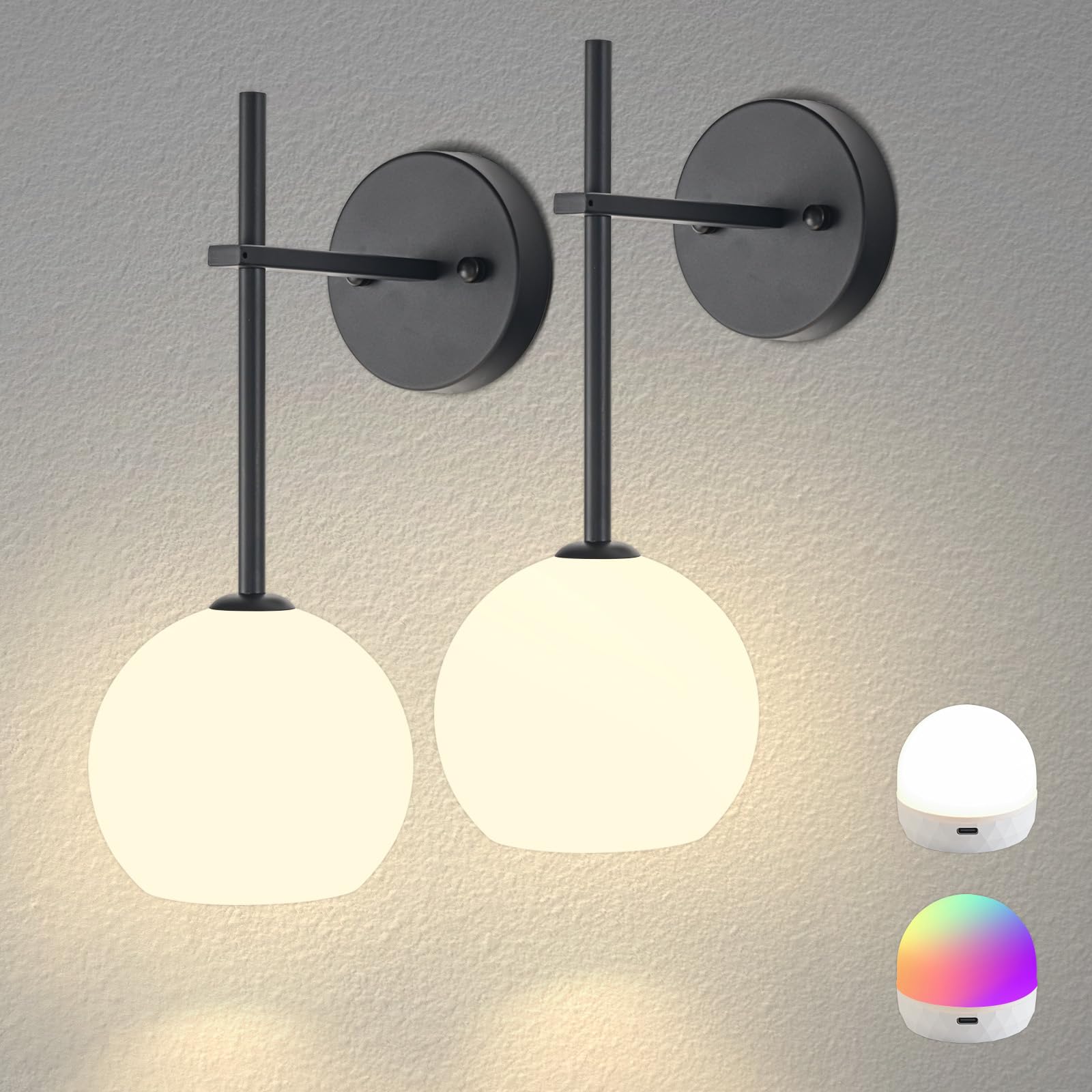 Gold Battery Operated Wall Sconces Set of 2, Rechargeable Wireless Wall Lights with Milky White Frosted Glass Shade, 12 RGB and 3CCT Dimmable, Wall Lamps with Remote for Bedroom Living Room Hallway