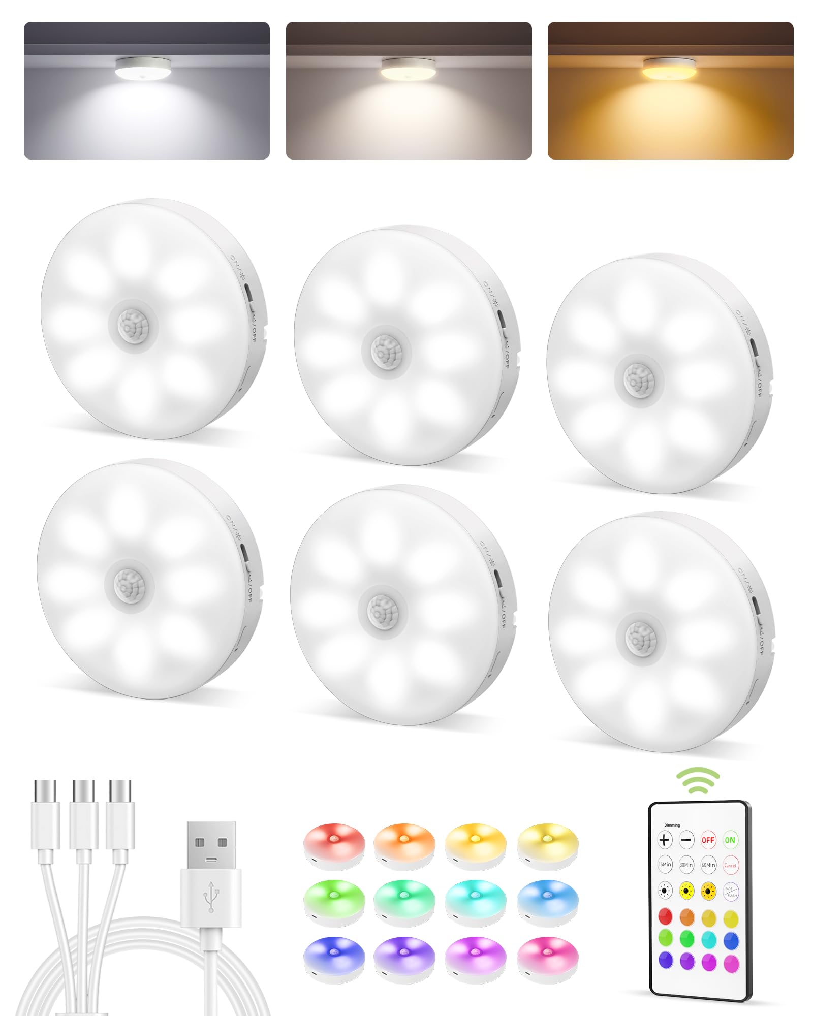 EZVALO 6-Pack Under Cabinet Lighting, Rechargeable Motion Sensor Puck Light with Remote, 3 Color Temps & 12 RGB Colors, Magnetic Stick on Light, Dimmable Under Counter Light for Kitchen, Home Decor