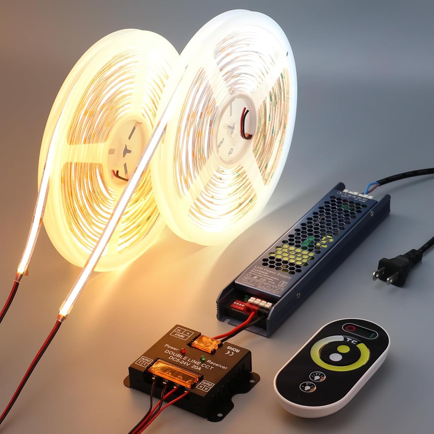BENLUN 24V CCT COB LED Strip Lights Kit 65.6ft (2 Rolls of 32.8ft), 2700K-6500K Dimmable White Cuttable LED Tape Light CRI 93 with Remote Controller and Power Supply for Bedroom Indoor Decoration