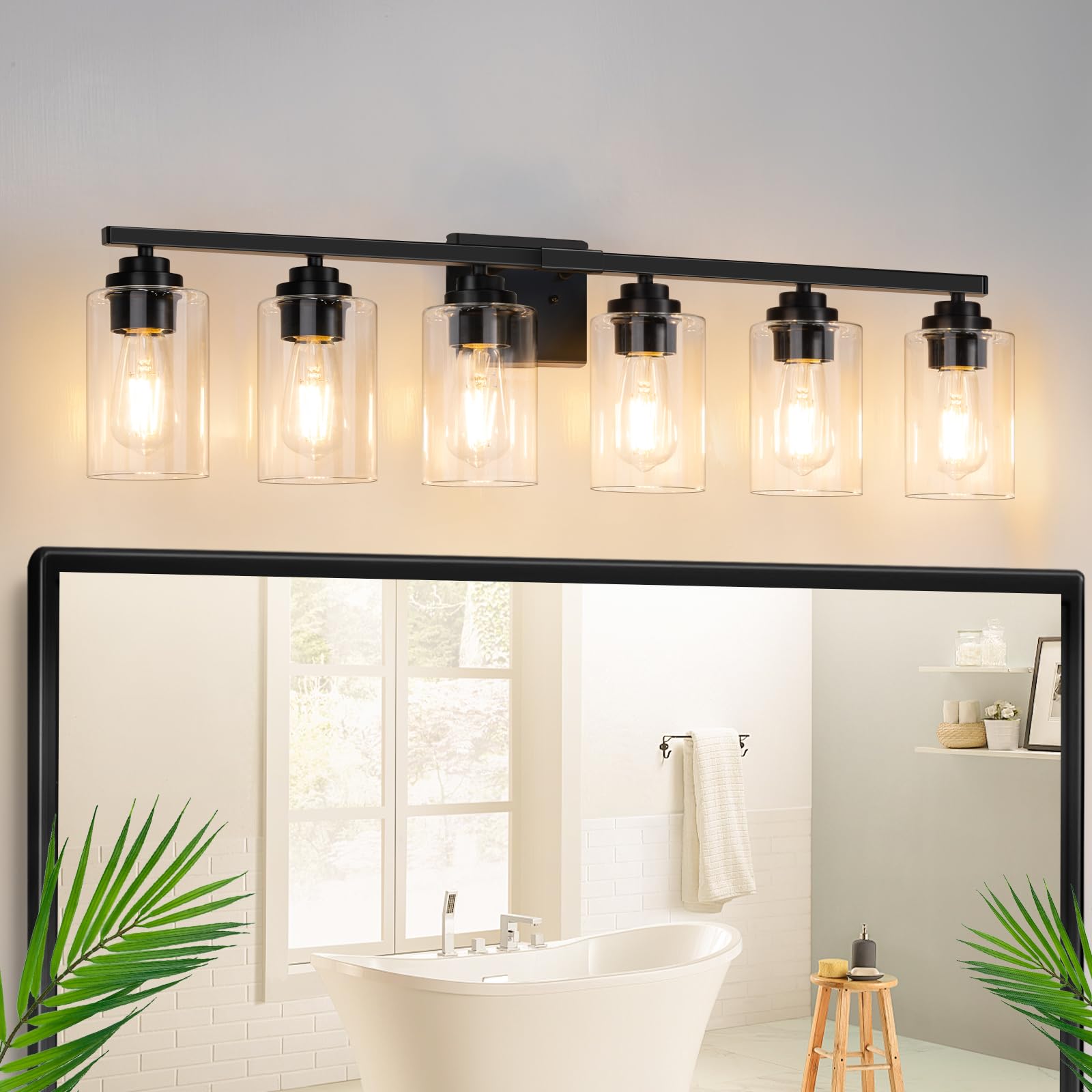 Set of 2 Wall Sconces for Bathroom, Modern Vanity Light Fixtures, Matte Black Wall Mount Lighting Lanterns, Farmhouse Wall Lights with Clear Glass Shade for Bedroom Living Room Mirror Hallway Kitchen