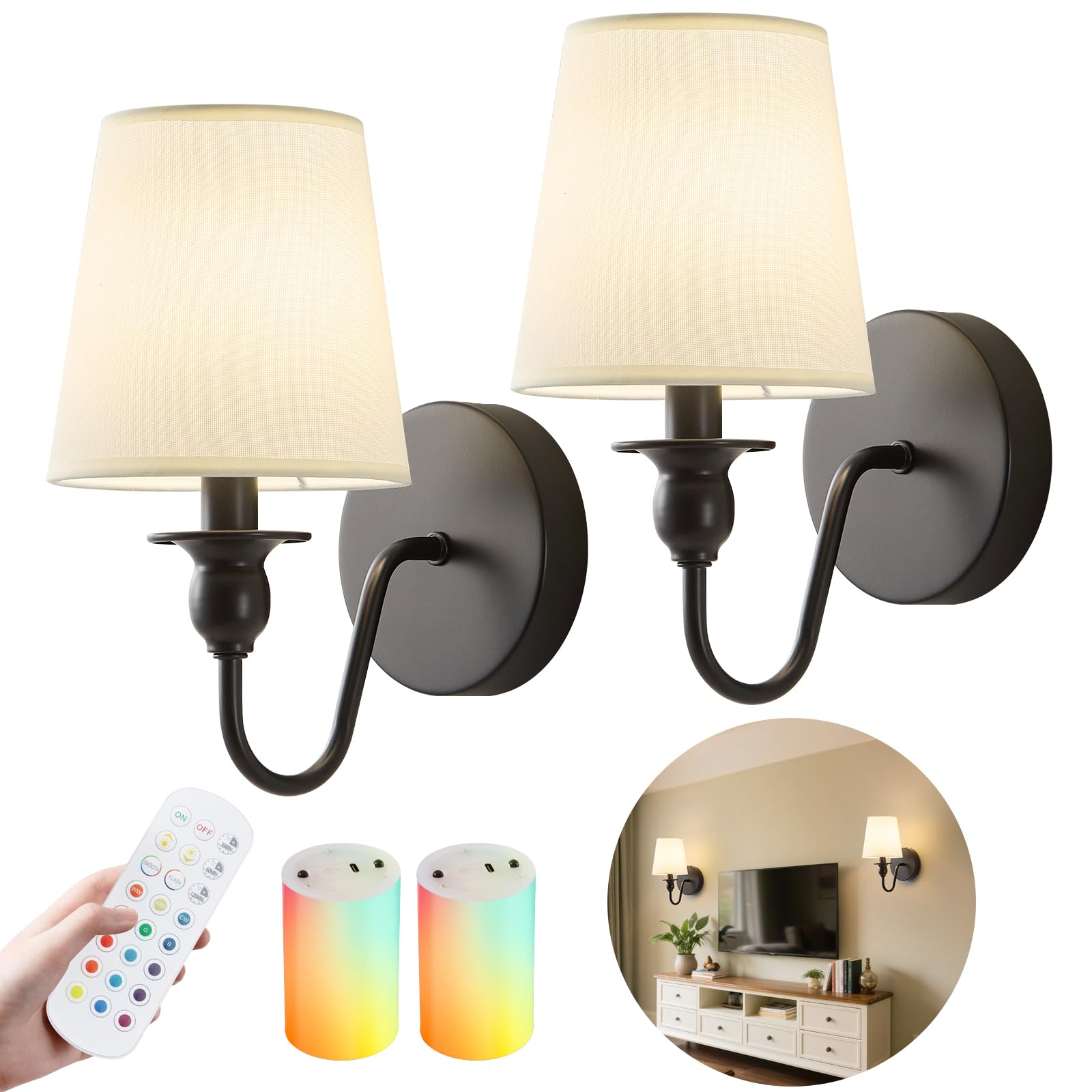 Battery Operated Wall Sconces set of Two,Wireless Wall Sconces with 10000mAh Dimmable Bulb and Remote,LED 15 Colors Rechargeable Gold Wall Sconce with Fabric for Bedroom Living Room Hallway Wall Decor