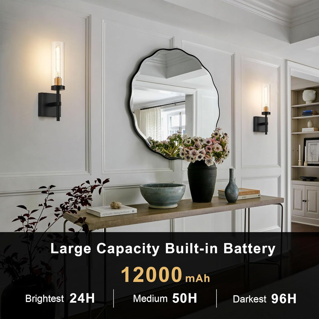 Wireless Wall Sconces with Remote Control, Battery Operated Wall Sconce Set of 2, Black & Gold Rechargeable Dimmable Wall Light for Bedroom Living room Bathroom Hallway Entryway Stairwell, 3000K