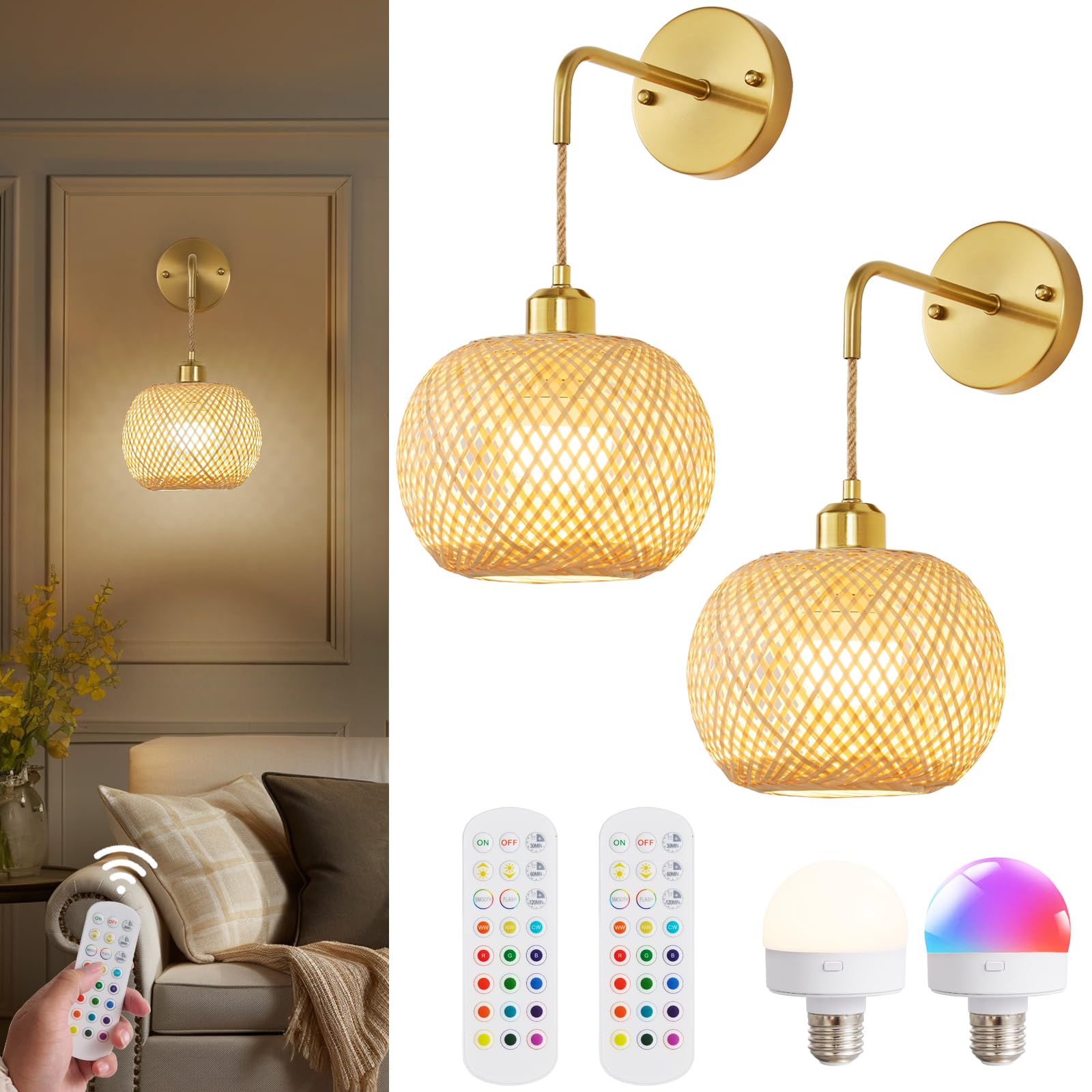 Vitnucrol Battery Operated Wall Sconces Set of 2 with Remote, Rechargeable Boho Rattan Battery Powered Wall Lights/Lamps, Wireless Lighting Fixtures for Bedroom Farmhouse, 15 Colors Dimmable, Gold