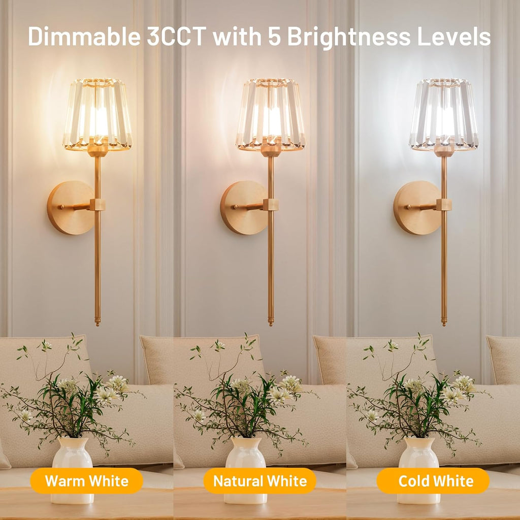 Crystal Battery Operated Wall Sconces Set of 2, Gold Rechargeable Wireless Wall Sconce Lights with Crystal Lampshade, 12 RGB and 3CCT Dimmable Wall Lamps with Remote for Bedroom Living Room Hallway