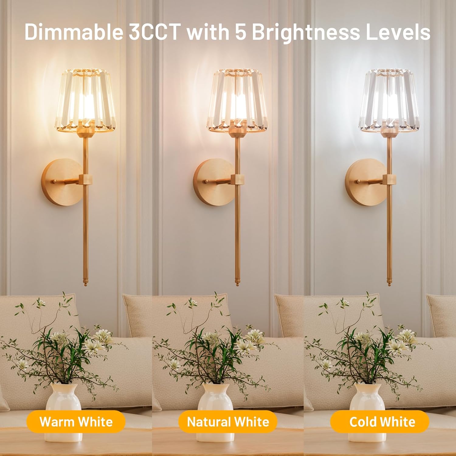 Crystal Battery Operated Wall Sconces Set of 2, Gold Rechargeable Wireless Wall Sconce Lights with Crystal Lampshade, 12 RGB and 3CCT Dimmable Wall Lamps with Remote for Bedroom Living Room Hallway