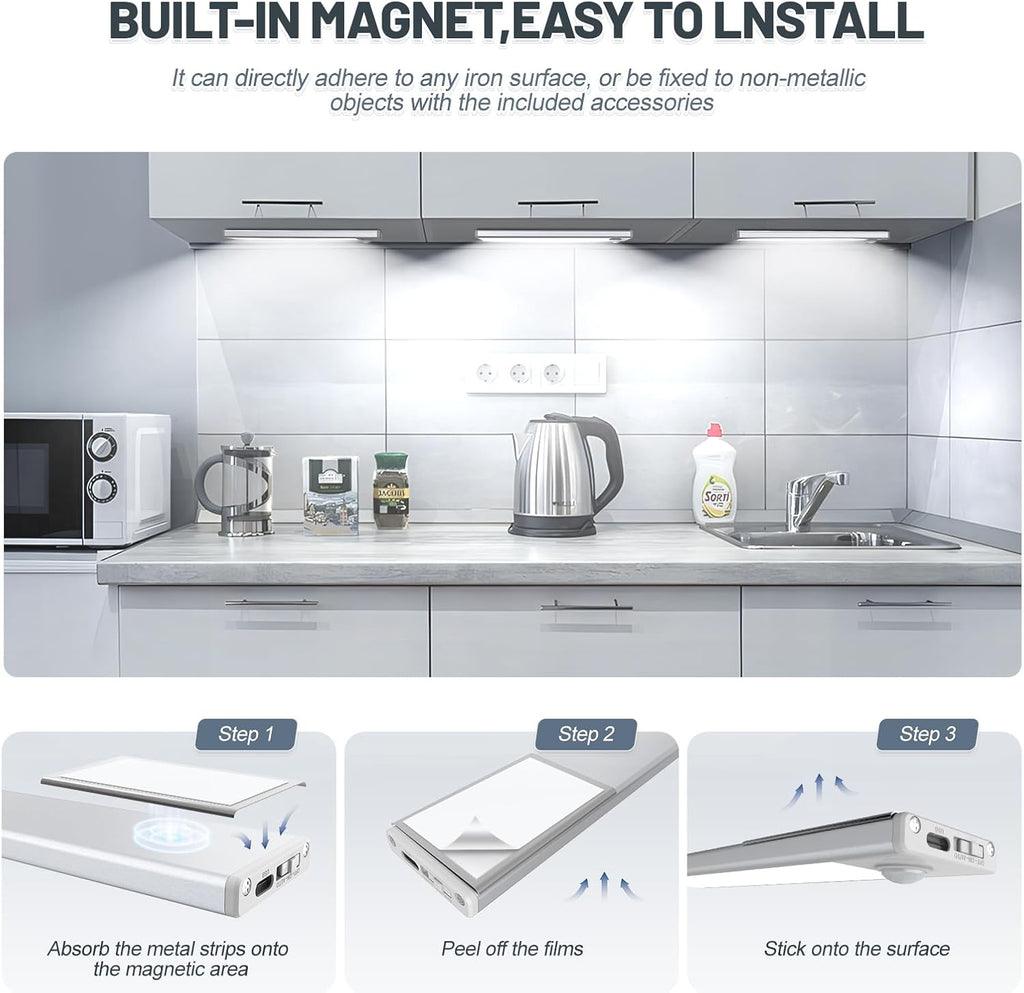6 Pack Under Cabinet Lighting Wireless, 32 LED Rechargeable Battery Motion Sensor Light Indoor, Stick On Magnetic Closet Lights, Under Counter Lights for Kitchen, Stairs, White 8 in