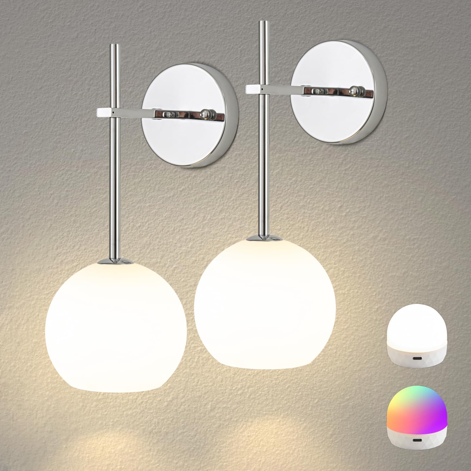 Gold Battery Operated Wall Sconces Set of 2, Rechargeable Wireless Wall Lights with Milky White Frosted Glass Shade, 12 RGB and 3CCT Dimmable, Wall Lamps with Remote for Bedroom Living Room Hallway
