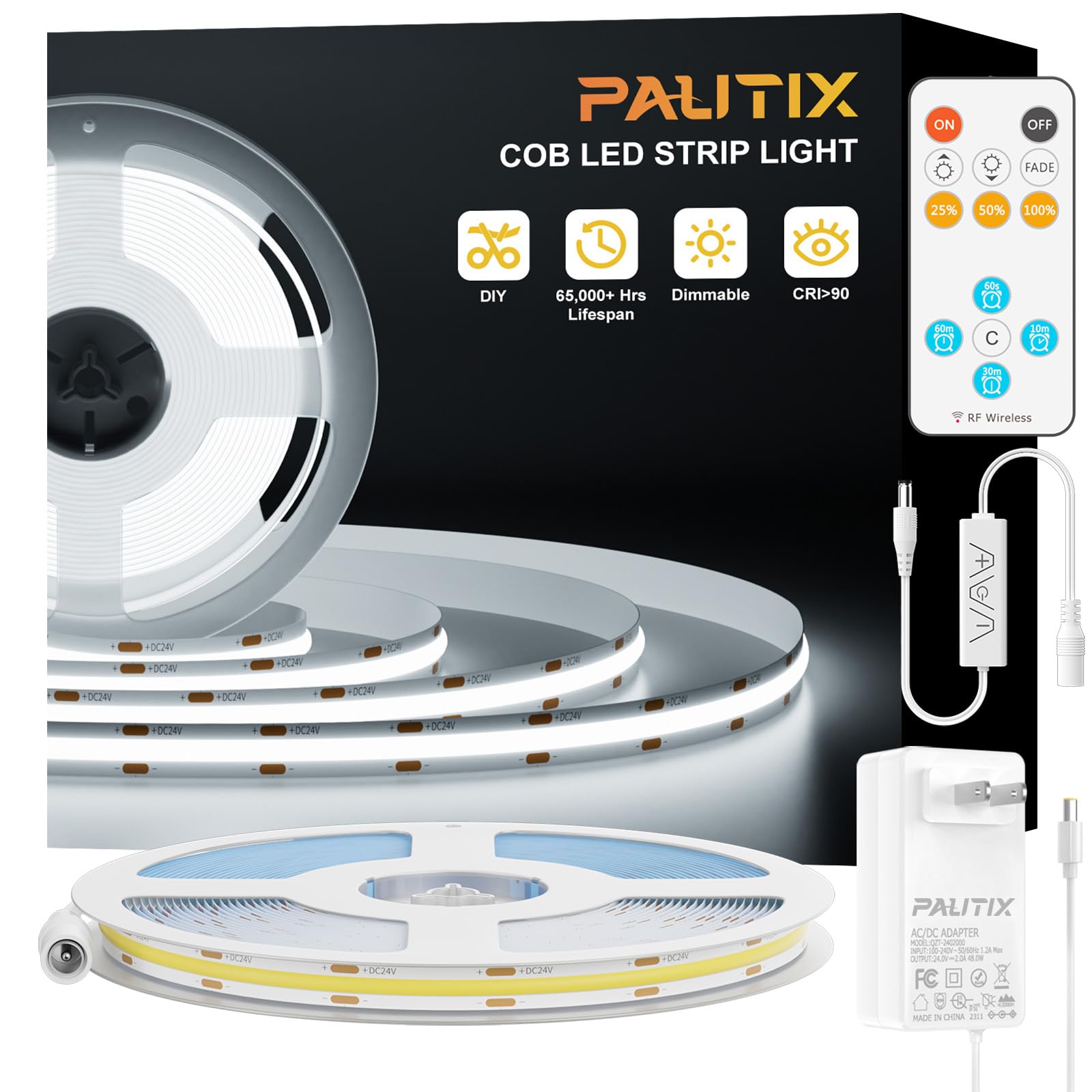 PAUTIX COB LED Strip Light,LED Lights 16.4ft,UL Listed Warm White 2700K Dotless Strip Lights,CRI93+ Super Bright Dimmable 24V Flexible Tape Light with RF Remote,for Cabinets,Kitchen Office Lighting