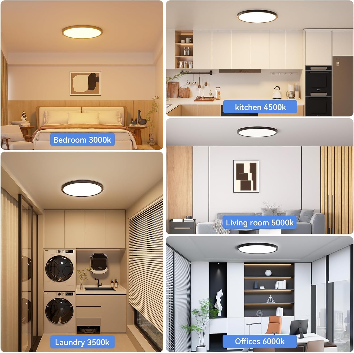 6 Pack 12 Inch Dimmable LED Flush Mount Ceiling Light Fixture 28W 3200LM 5 Color Temperature in One Super Slim Round Ceiling Lamp Low Profile Ceiling Lights for Living Bedroom Kitchen Laundry Black