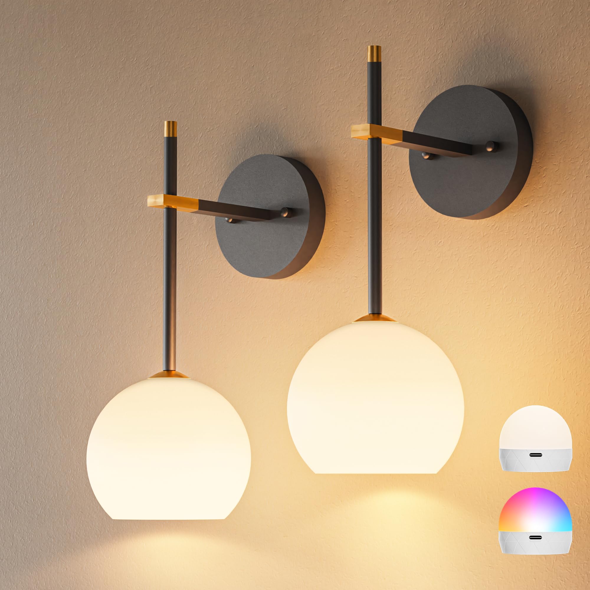 Gold Battery Operated Wall Sconces Set of 2, Rechargeable Wireless Wall Lights with Milky White Frosted Glass Shade, 12 RGB and 3CCT Dimmable, Wall Lamps with Remote for Bedroom Living Room Hallway
