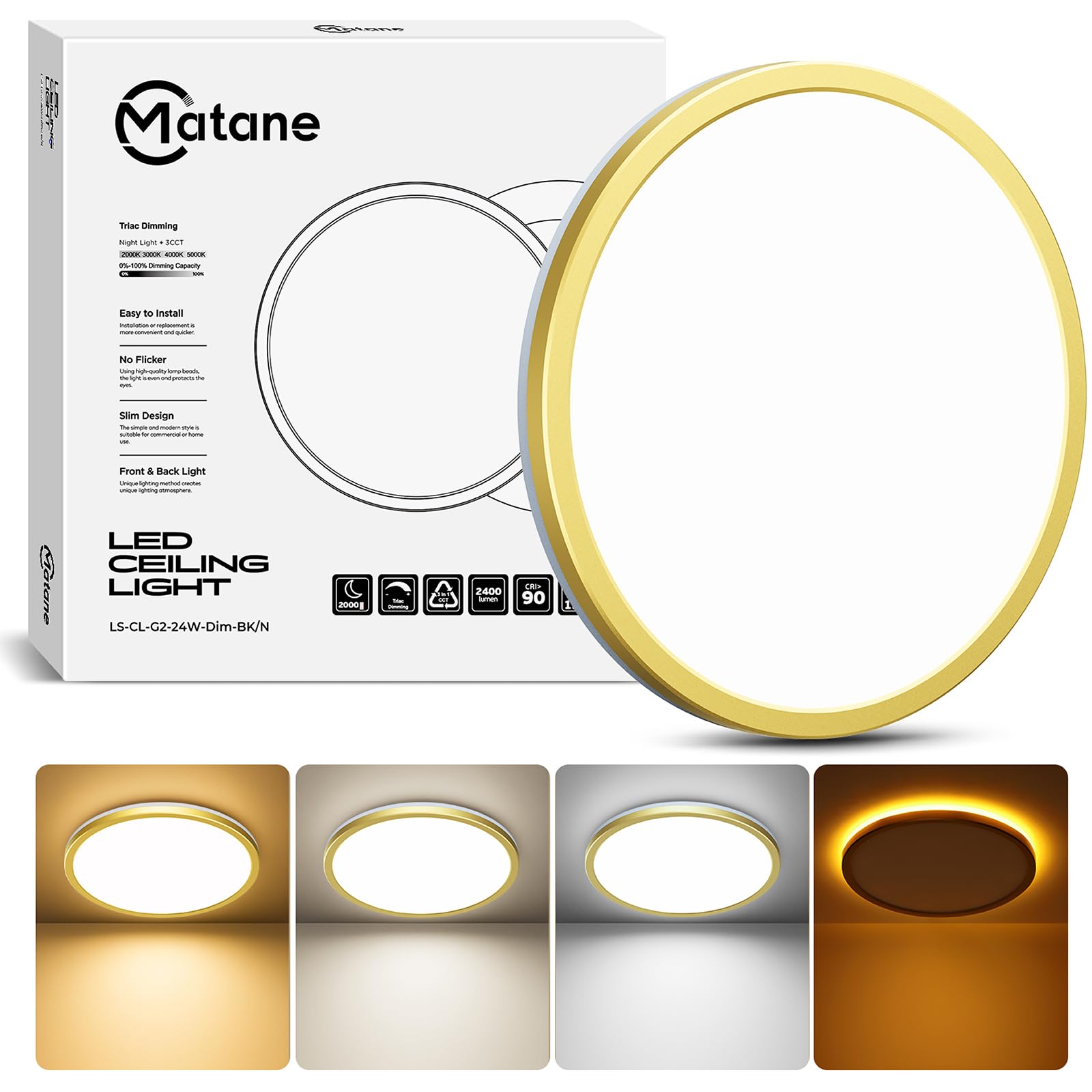 Matane 12 Inch LED Flush Mount Ceiling Light Fixture with Night Light, 24W 2400LM 3000K/4000K/5000K Selectable, Dimmable Ceiling Lights for Bedroom, Dining Room, Kitchen, Round Black
