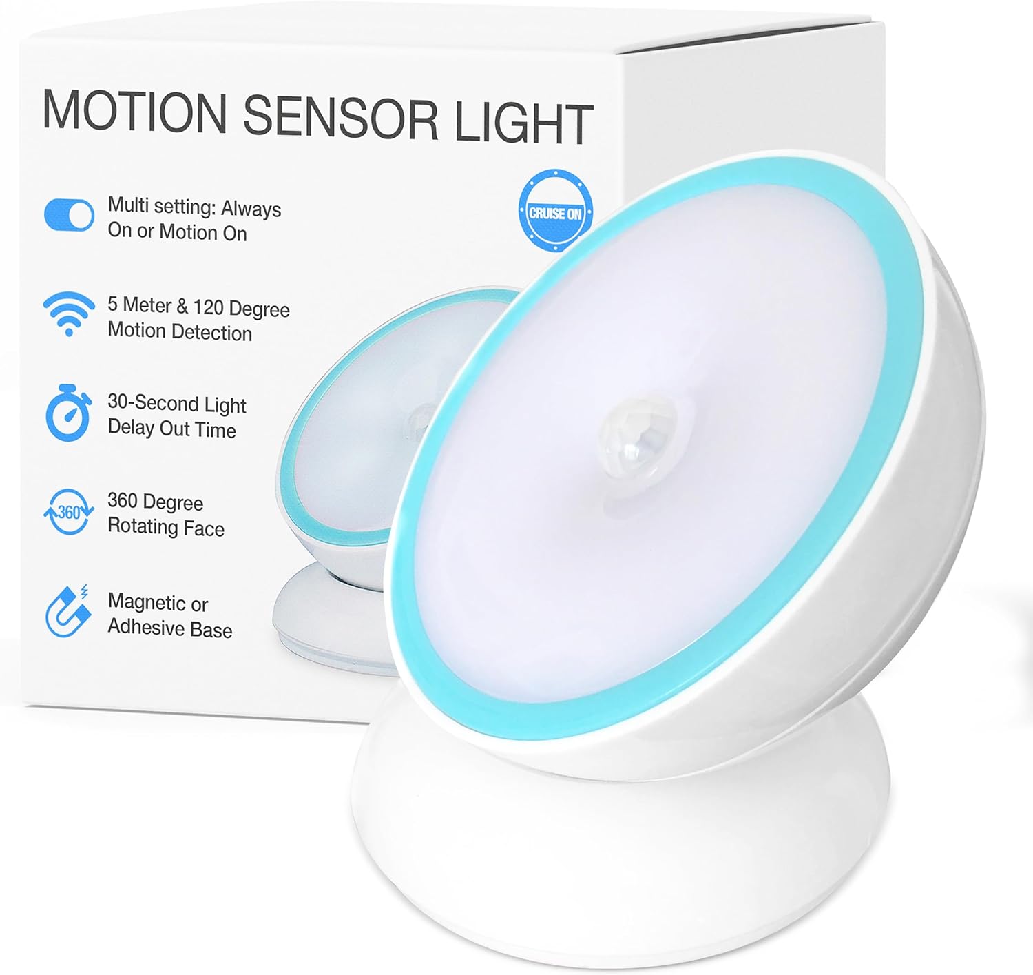 Cruise On Motion-Activated Battery LED Light with Magnetic Base, 360° Rotating Night Lamp for Closets, Bathrooms, Hallways & Cabinets, Wireless, Easy Install, Auto Sensor for Hands-Free Illumination