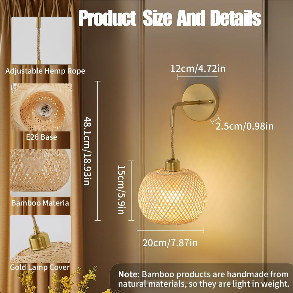 Vitnucrol Battery Operated Wall Sconces Set of 2 with Remote, Rechargeable Boho Rattan Battery Powered Wall Lights/Lamps, Wireless Lighting Fixtures for Bedroom Farmhouse, 15 Colors Dimmable, Gold