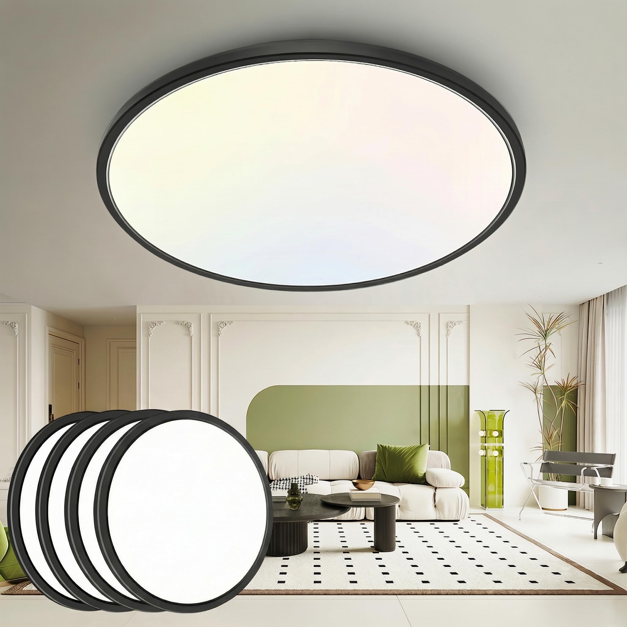 2PACK Flush Mount LED Ceiling Light Fixture Black, 12Inch 28Watt, Dimmable & 3000K-4500K-6000K 3 Color Selectable Ceiling Lamp 3200LM Low Profile Ceiling Light for Kitchen Bedroom Hallway Porch