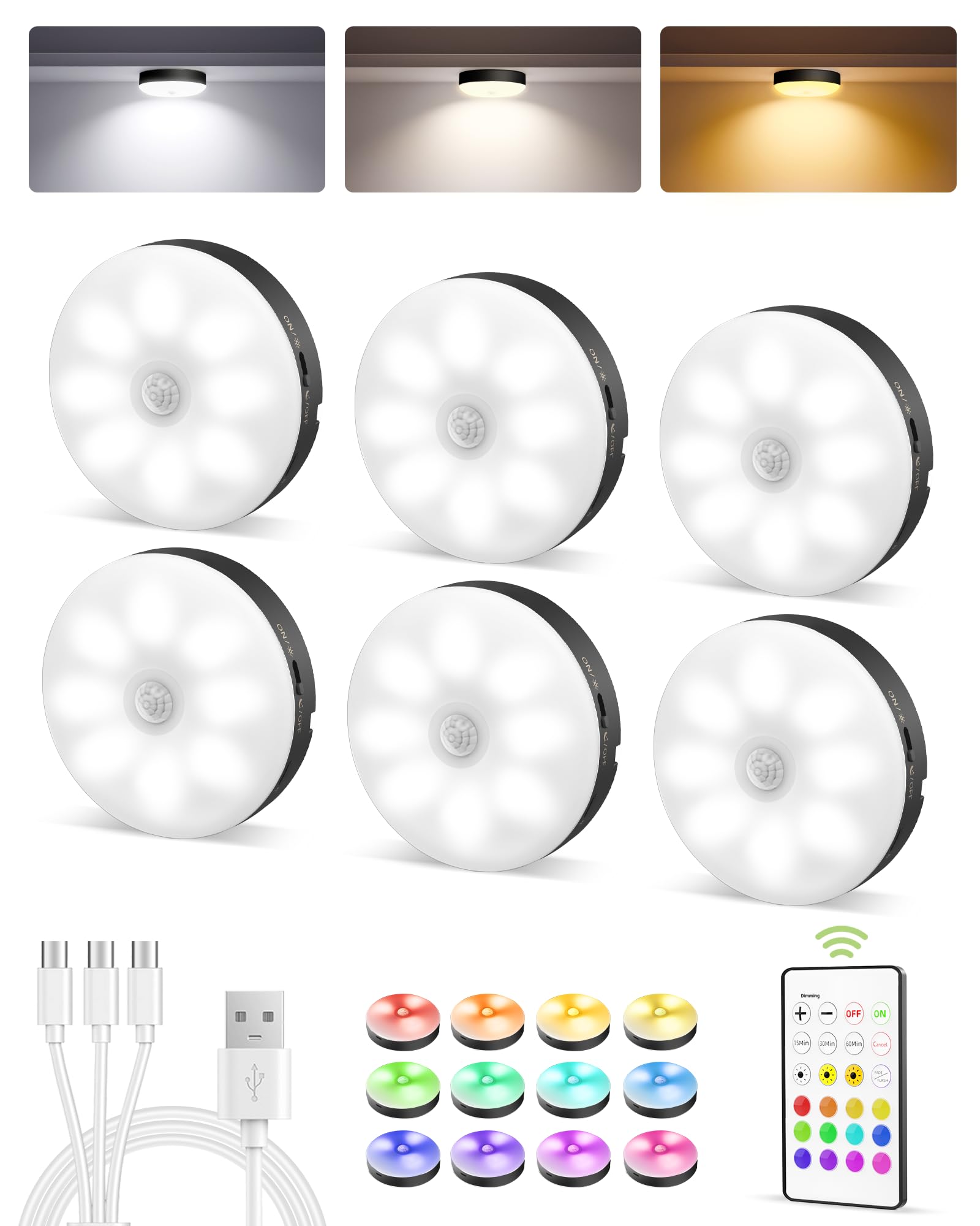 EZVALO 6-Pack Under Cabinet Lighting, Rechargeable Motion Sensor Puck Light with Remote, 3 Color Temps & 12 RGB Colors, Magnetic Stick on Light, Dimmable Under Counter Light for Kitchen, Home Decor