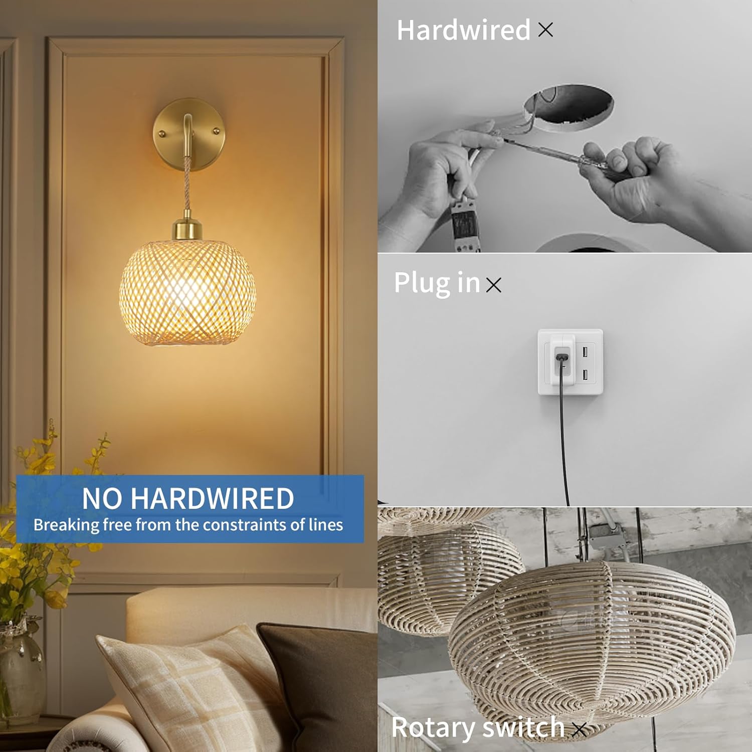 Vitnucrol Battery Operated Wall Sconces Set of 2 with Remote, Rechargeable Boho Rattan Battery Powered Wall Lights/Lamps, Wireless Lighting Fixtures for Bedroom Farmhouse, 15 Colors Dimmable, Gold