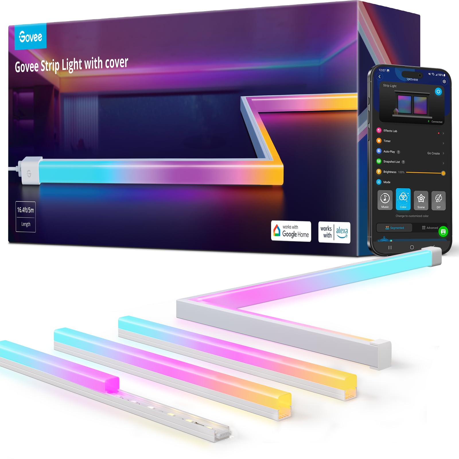 Govee RGBIC LED Strip Lights 32.8ft with Covers, Smart Lights Work with Alexa and Google Assistant, LED Diffuser Channel with LED Lights for Bedroom, Skirting Lines, Studio, Cabinet