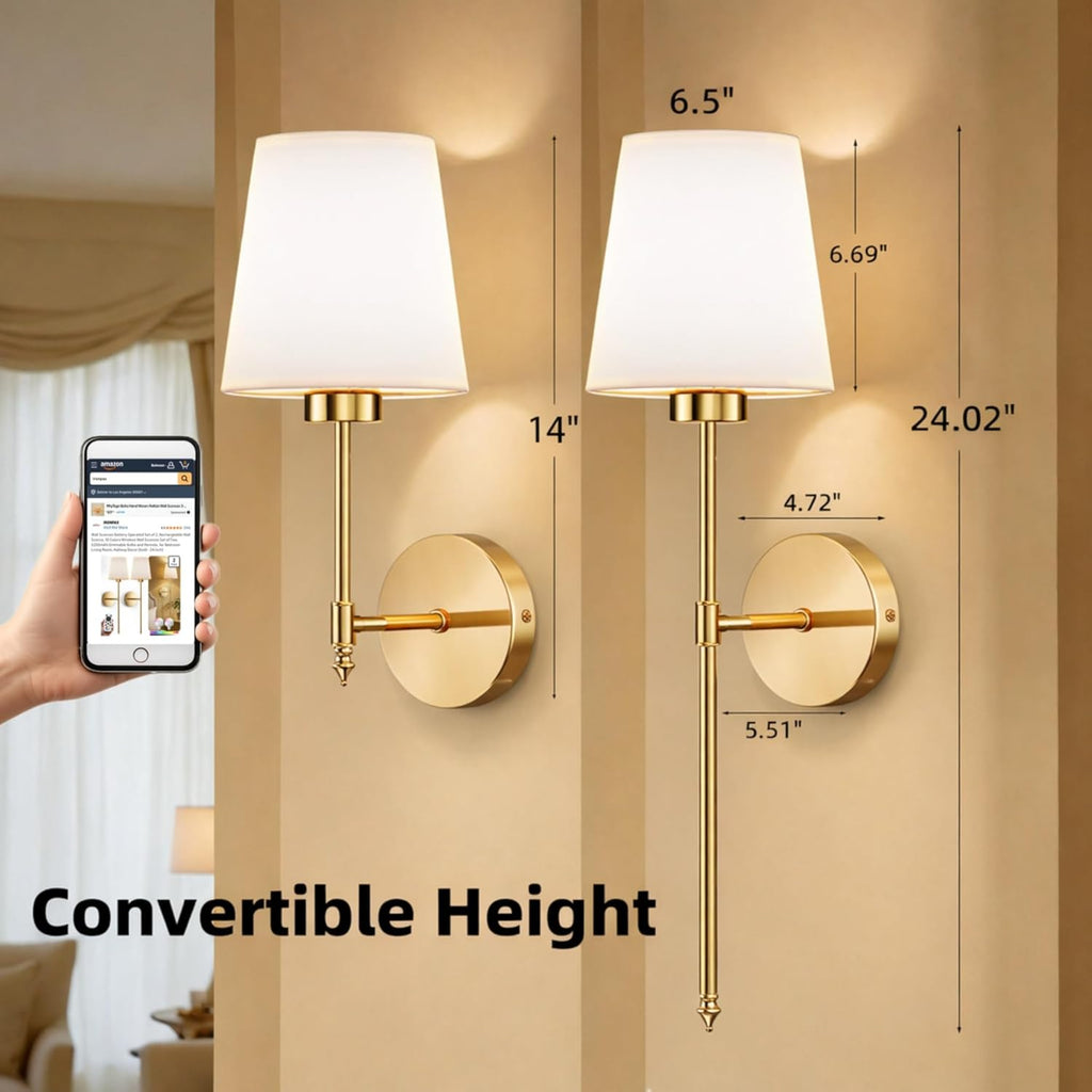 IRONPAX Wall Sconces Battery Operated Set of 2, Wireless Rechargeable Wall Sconce Set of Two, Dimmable Wall Lights with Remote for Bedroom Living Room Hallway Decor (Gold, Fabric Shade)