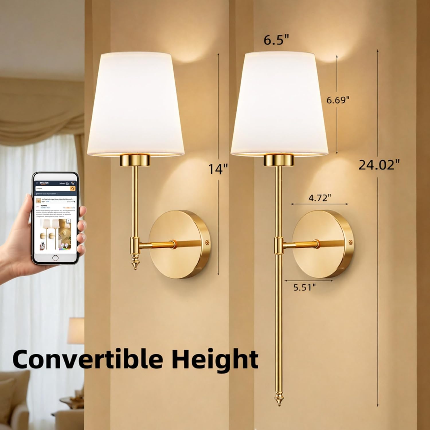 IRONPAX Wall Sconces Battery Operated Set of 2, Wireless Rechargeable Wall Sconce Set of Two, Dimmable Wall Lights with Remote for Bedroom Living Room Hallway Decor (Gold, Fabric Shade)