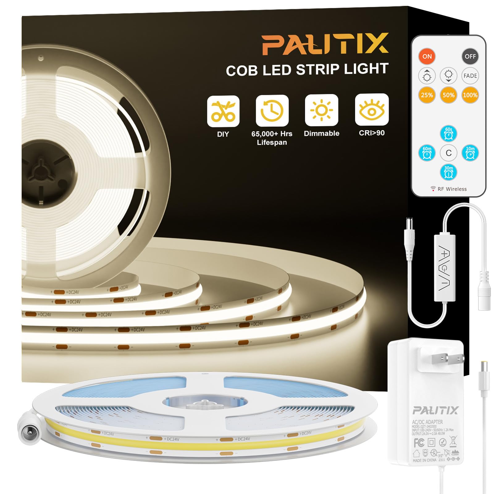 PAUTIX COB LED Strip Light,LED Lights 16.4ft,UL Listed Warm White 2700K Dotless Strip Lights,CRI93+ Super Bright Dimmable 24V Flexible Tape Light with RF Remote,for Cabinets,Kitchen Office Lighting