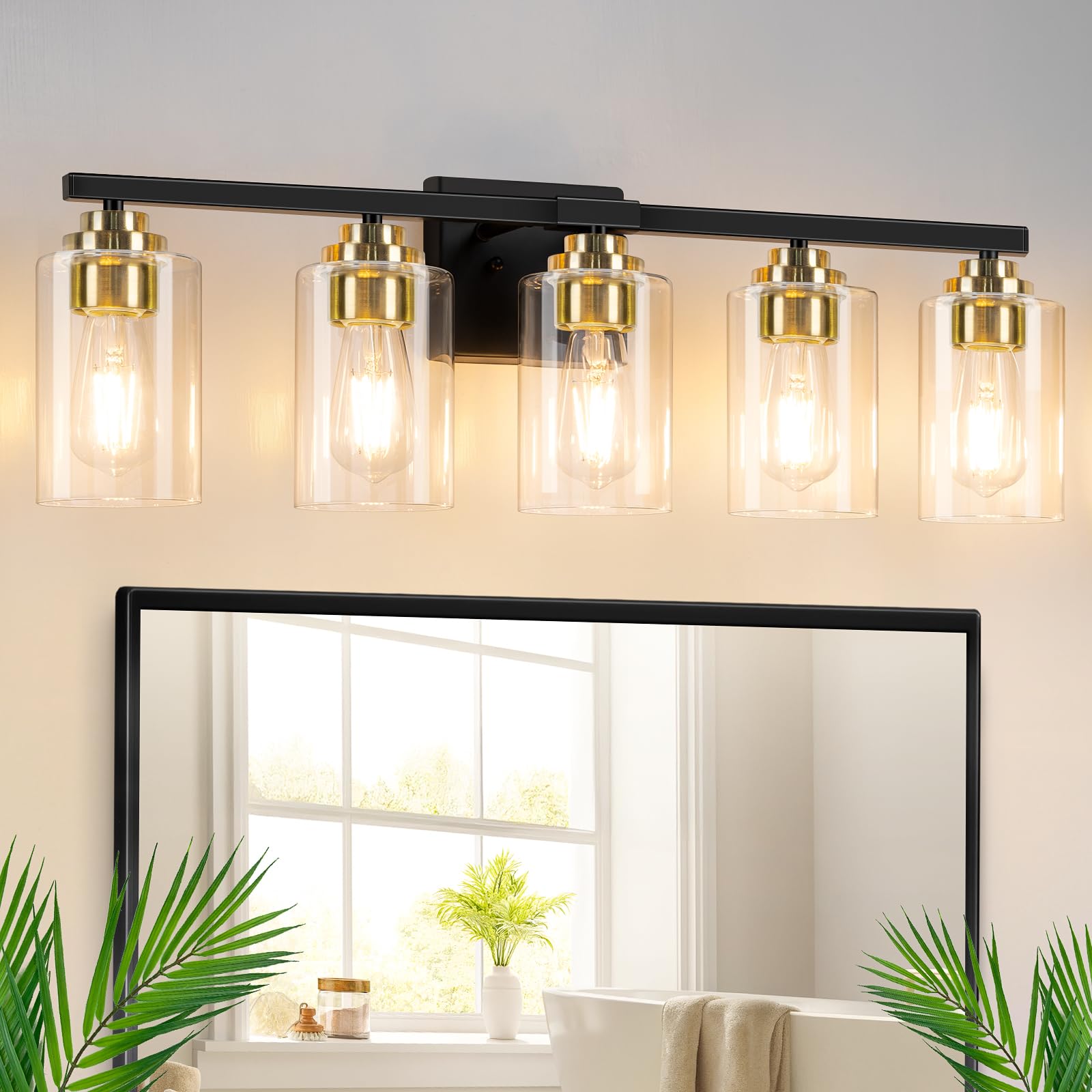 Set of 2 Wall Sconces for Bathroom, Modern Vanity Light Fixtures, Matte Black Wall Mount Lighting Lanterns, Farmhouse Wall Lights with Clear Glass Shade for Bedroom Living Room Mirror Hallway Kitchen