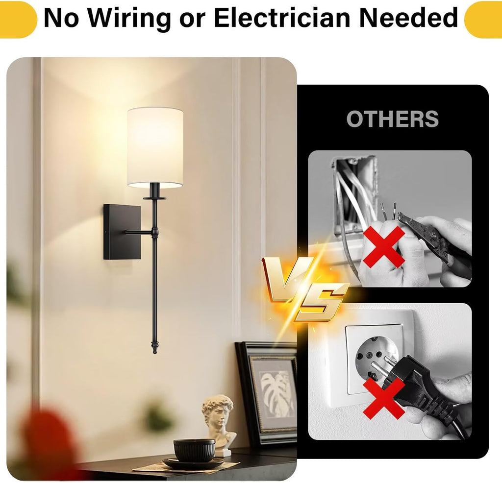 24.8 Inch Black Battery Operated Wall Sconces Set of 2, Rechargeable Wireless Wall Lights with Remote & White Fabric Shade, Indoor Not Hardwired Dimmable Wall Lamps for Bedroom, 2 Bulbs Included
